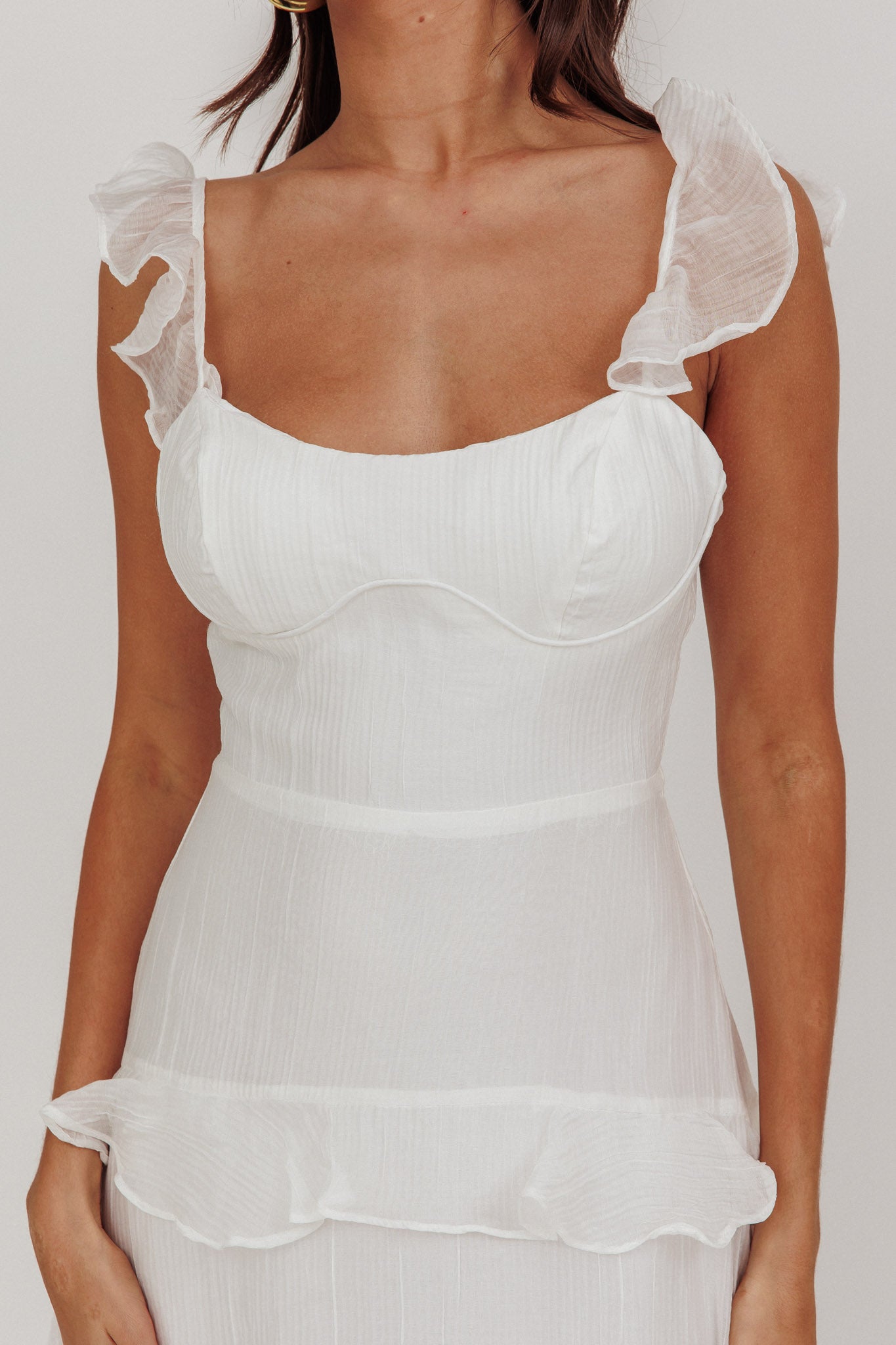 Moonlit Moment Ruffle Trim Lace-Up Back Maxi Dress White | Selfie