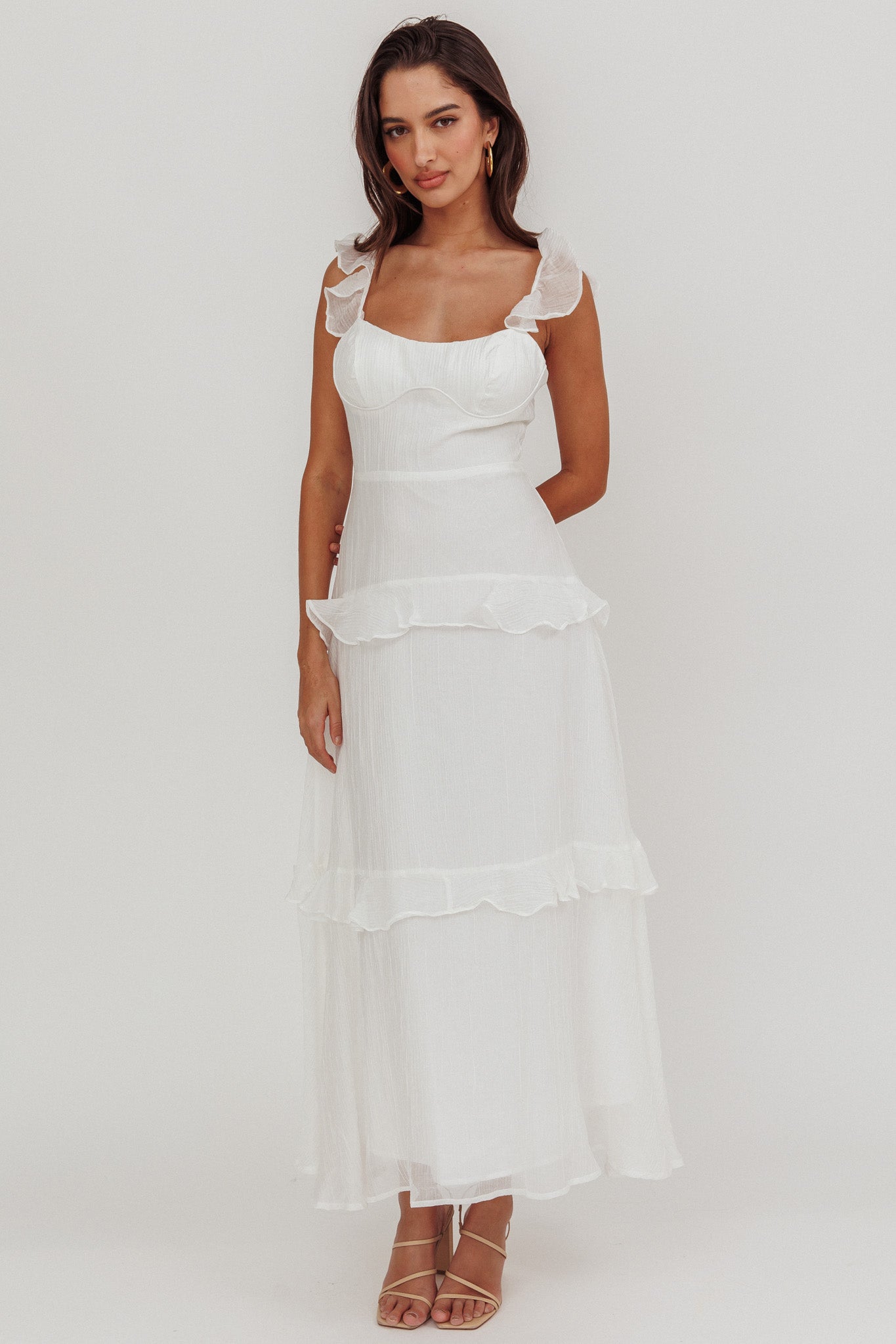 lace up ruffle maxi dress Pink Ethereal chiffon maxi dress with dramatic cascading frills Elegant square neckline with off Moonlit Moment Ruffle Trim Lace-Up