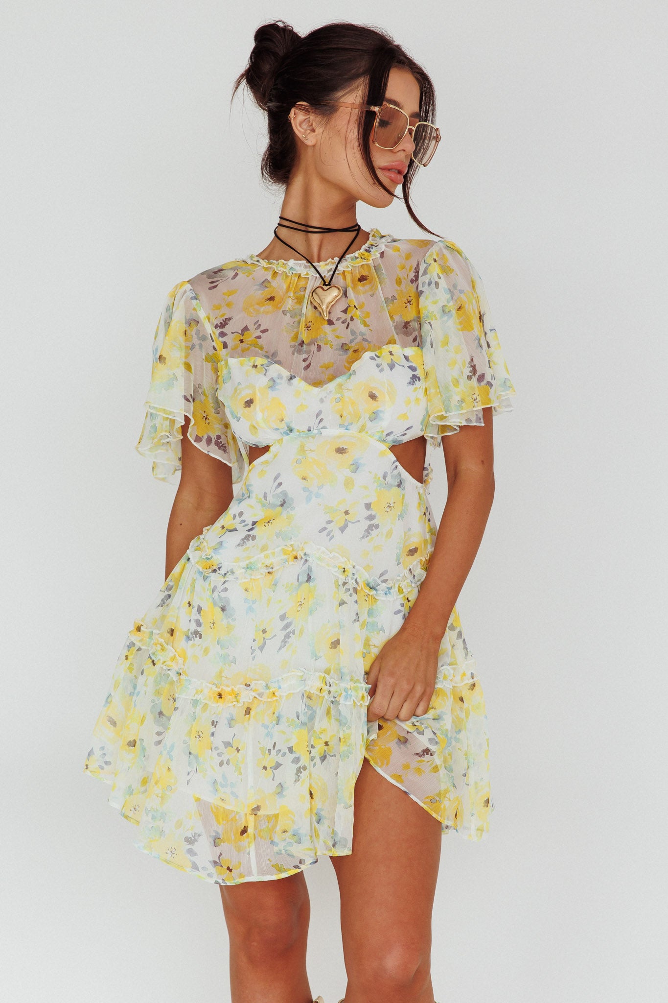 Tres Chic Flutter Sleeve Cut-Out Dress Floral Yellow by Selfie Leslie