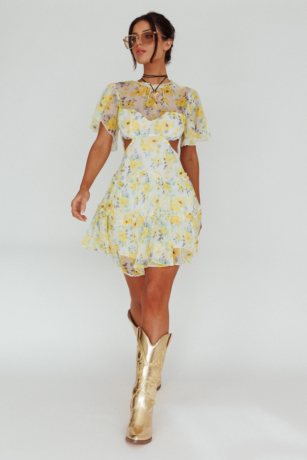 Tres Chic Flutter Sleeve Cut-Out Dress Floral Yellow by Selfie Leslie