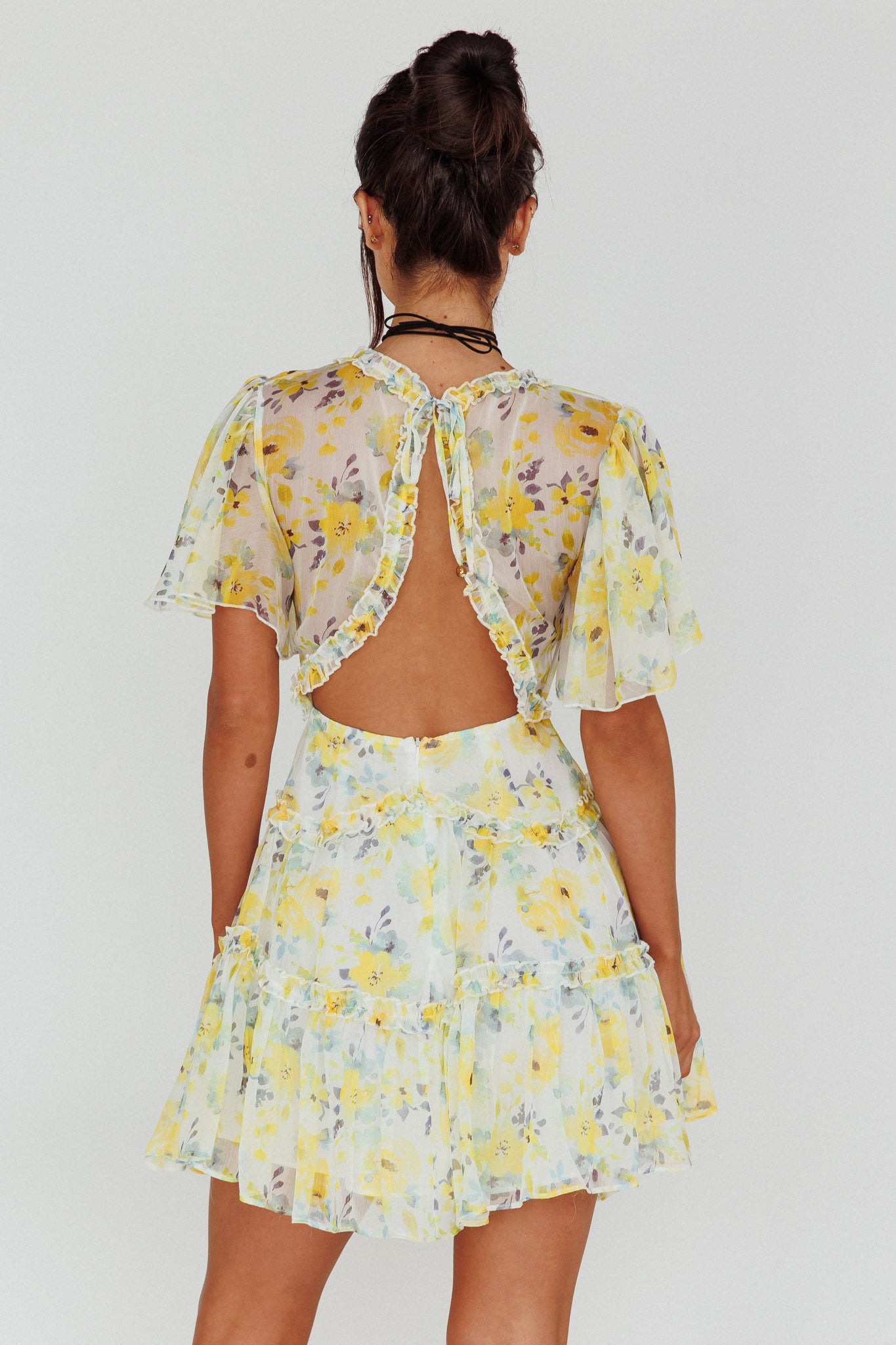 Tres Chic Flutter Sleeve Cut-Out Dress Floral Yellow by Selfie Leslie