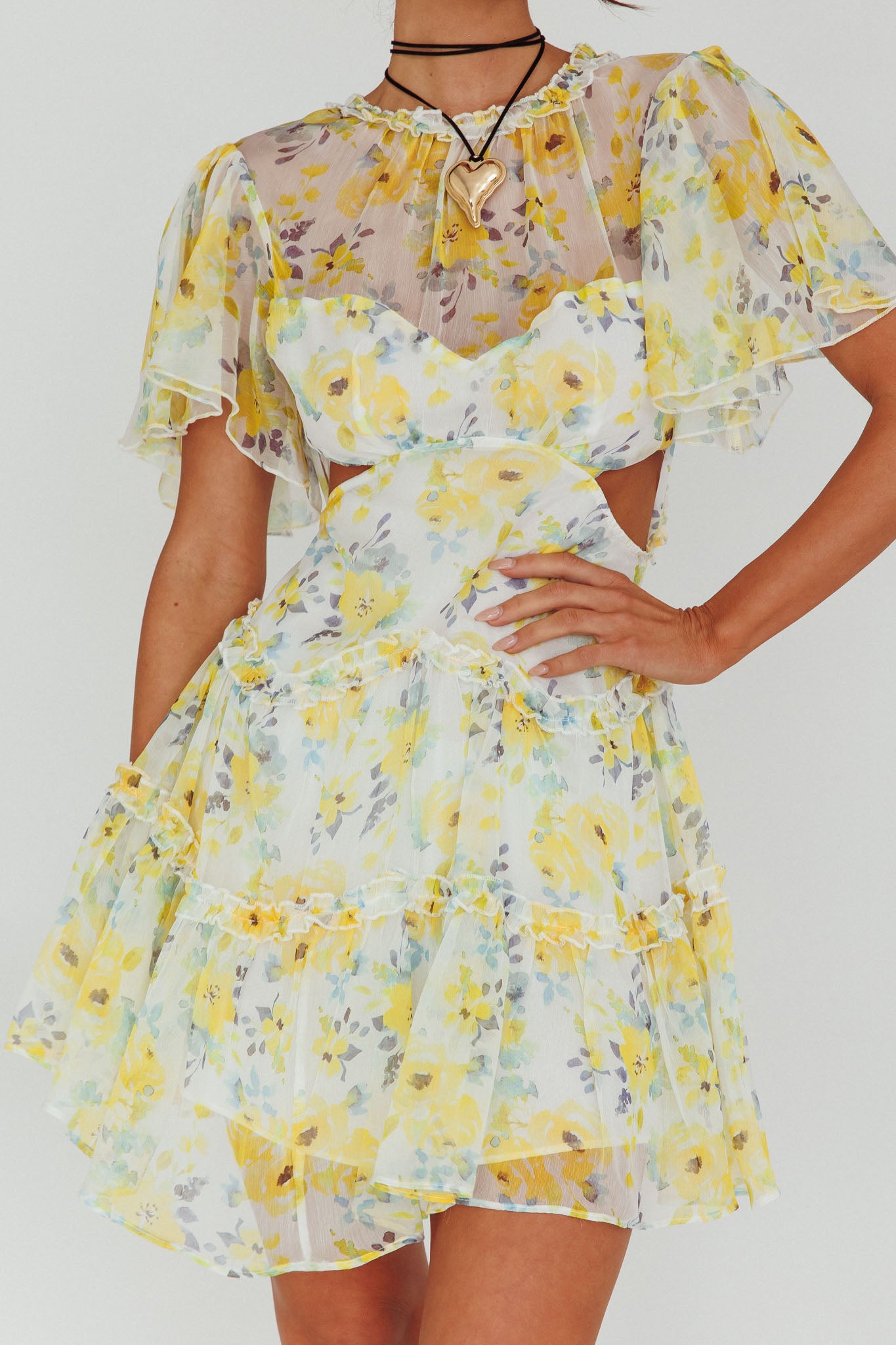 Tres Chic Flutter Sleeve Cut-Out Dress Floral Yellow by Selfie Leslie