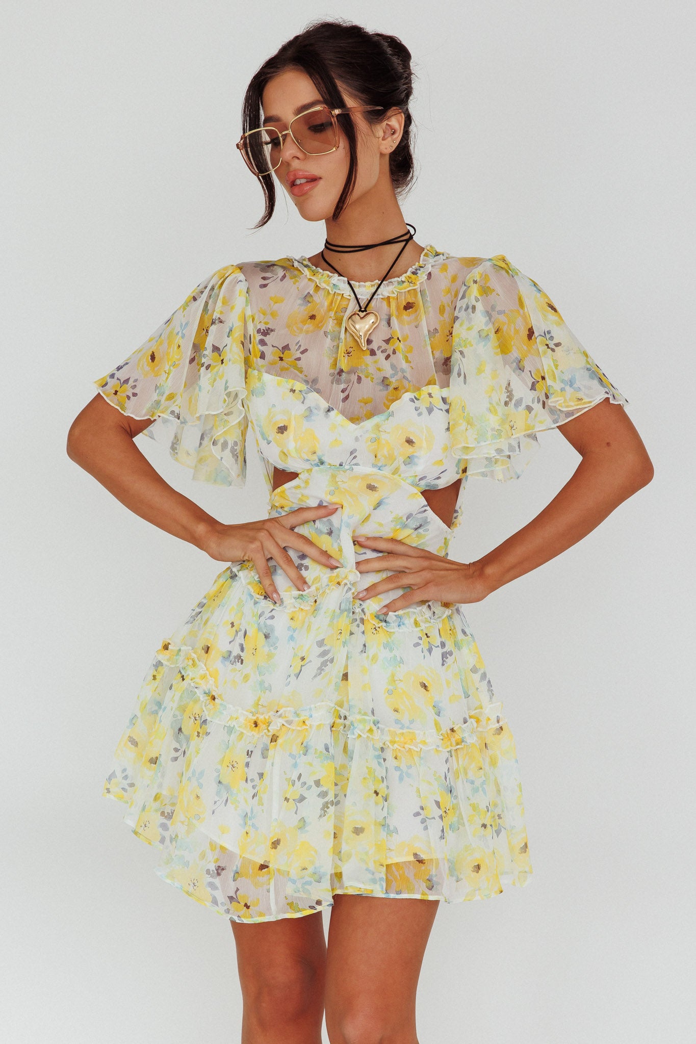 Tres Chic Flutter Sleeve Cut-Out Dress Floral Yellow by Selfie Leslie