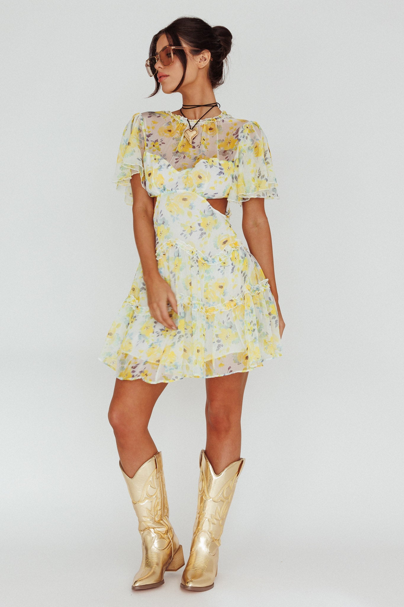 Tres Chic Flutter Sleeve Cut-Out Dress Floral Yellow by Selfie Leslie