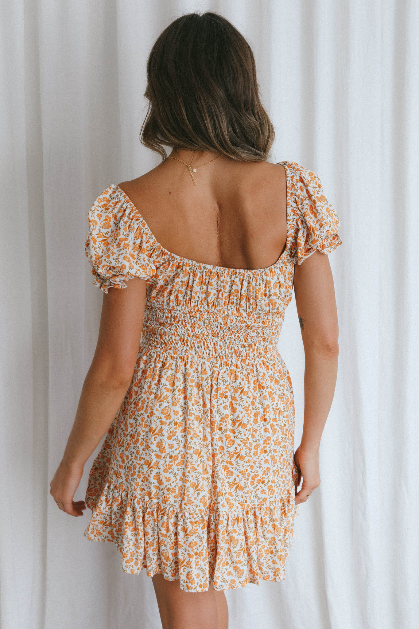 Amilie Shirred Waist Sundress Dainty Floral Mustard by Selfie Leslie