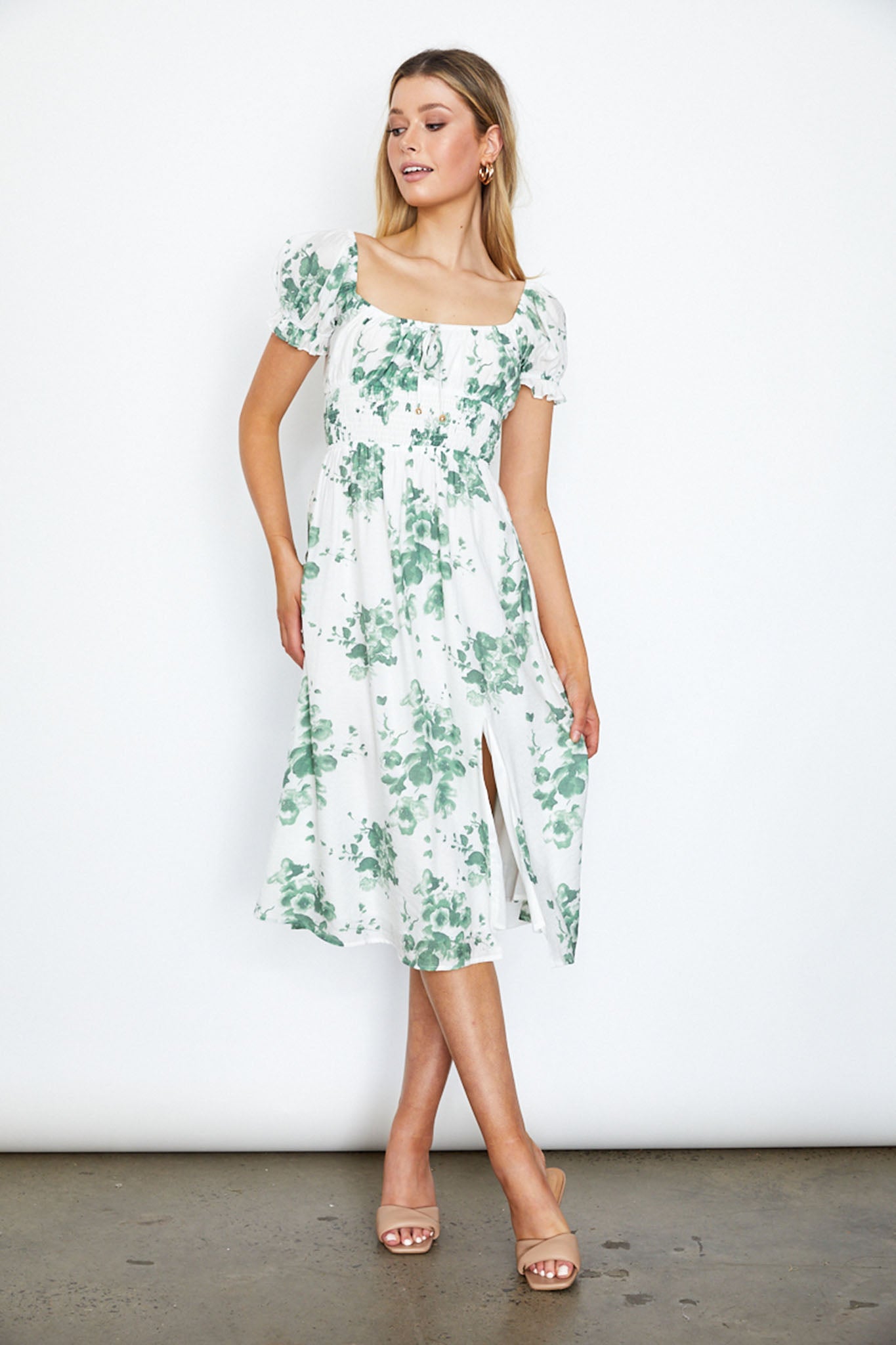 Shop the Amilie Shirred Waist Midi Dress Floral Print White/Olive