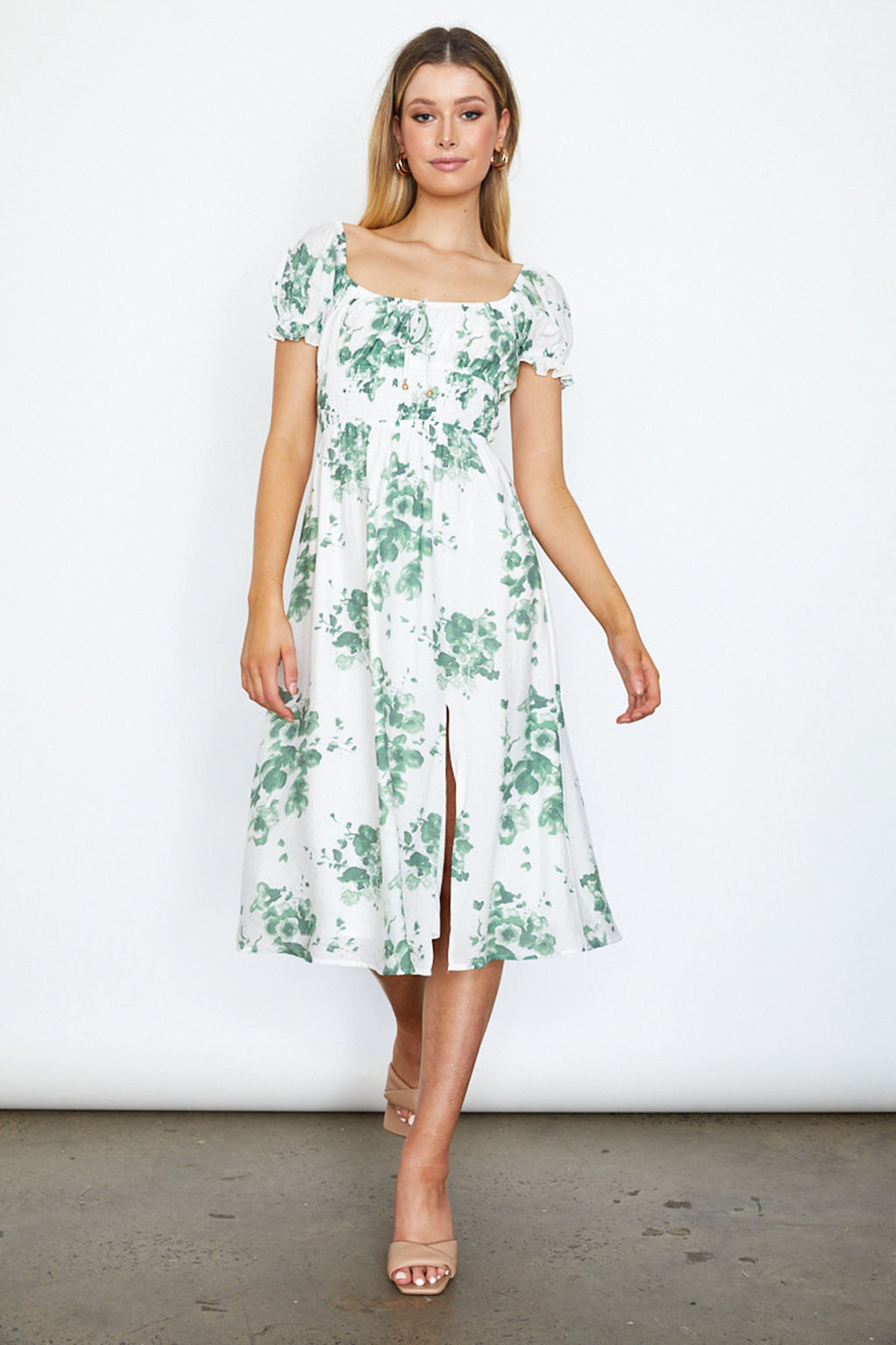 Amilie Shirred Waist Midi Dress Floral Print White/Olive by Selfie Leslie