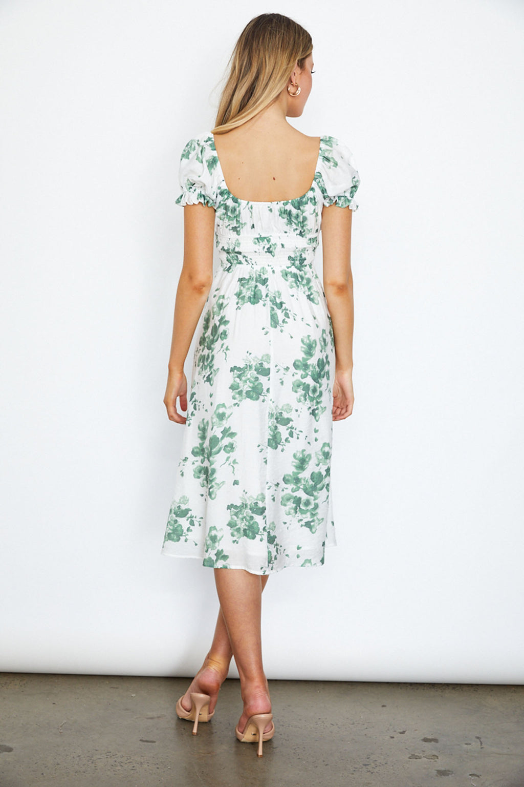 Amilie Shirred Waist Midi Dress Floral Print White/Olive by Selfie Leslie