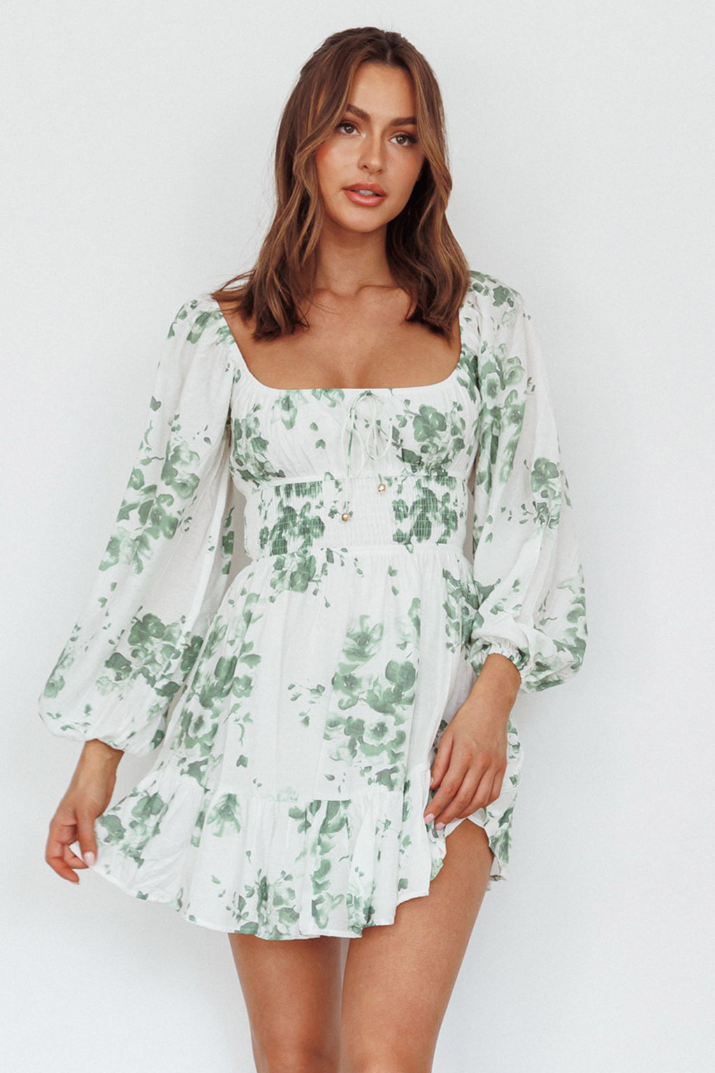 Amilie Shirred Long Sleeve Dress Floral White/Olive by Selfie Leslie