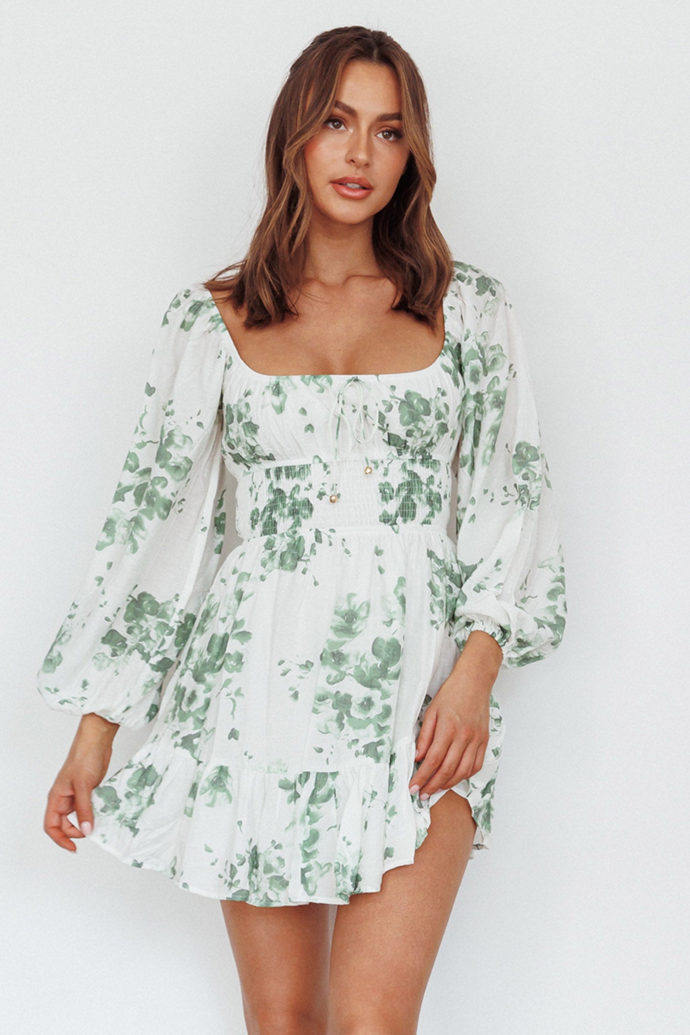 Amilie Shirred Long Sleeve Dress Floral White/Olive by Selfie Leslie