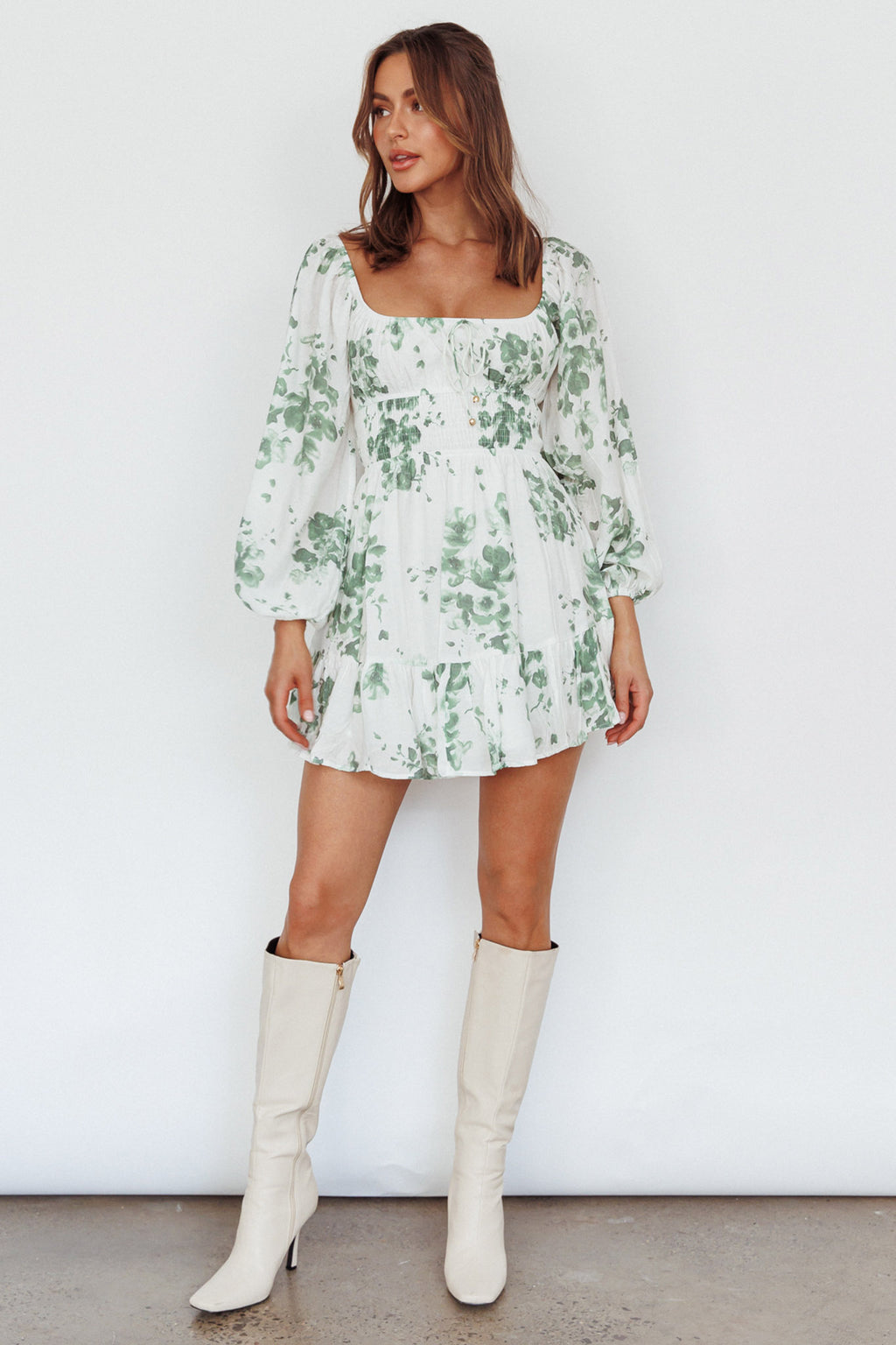 Amilie Shirred Long Sleeve Dress Floral White/Olive by Selfie Leslie