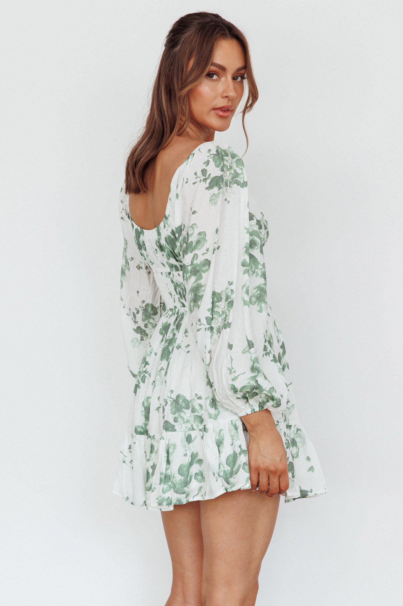 Amilie Shirred Long Sleeve Dress Floral White/Olive by Selfie Leslie