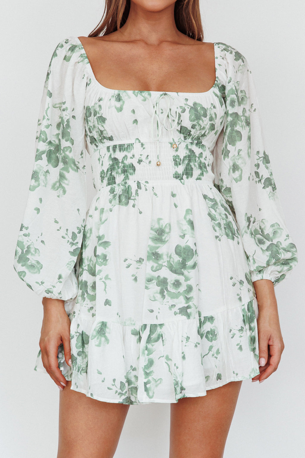 Amilie Shirred Long Sleeve Dress Floral White/Olive by Selfie Leslie