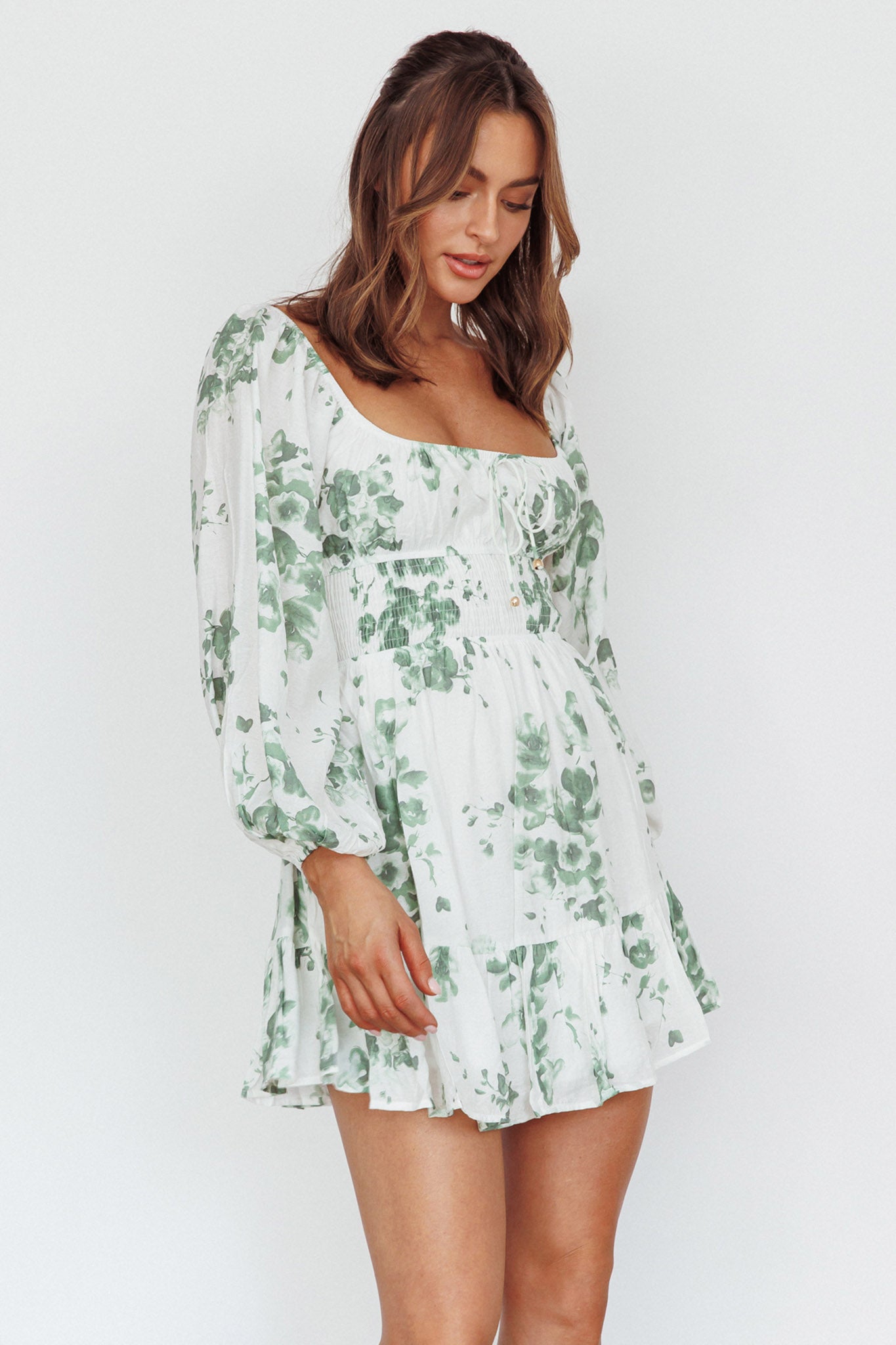 Amilie Shirred Long Sleeve Dress Floral White/Olive by Selfie Leslie