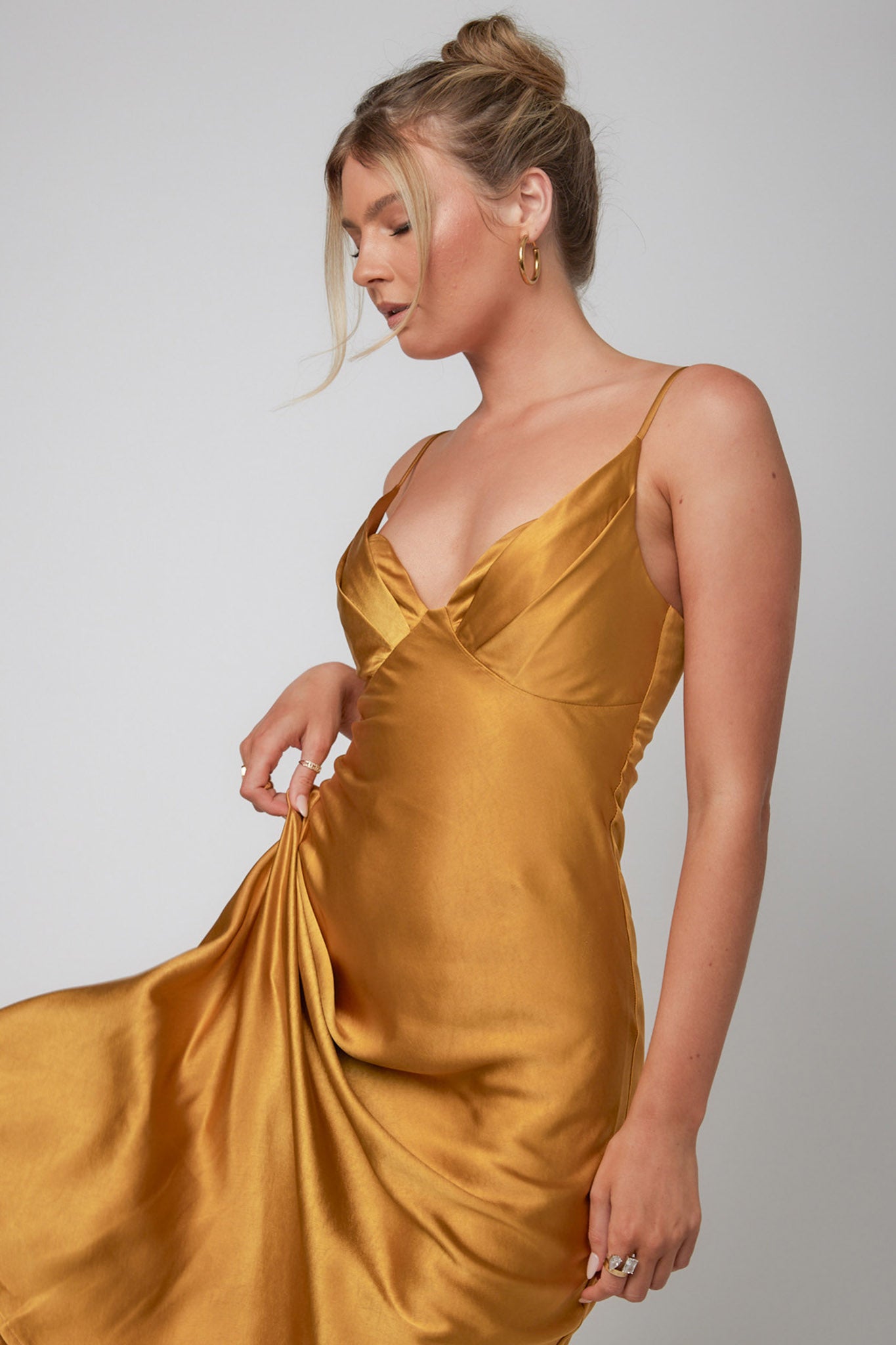 Infinity Pintuck Bust Midi Dress Mustard by Selfie Leslie