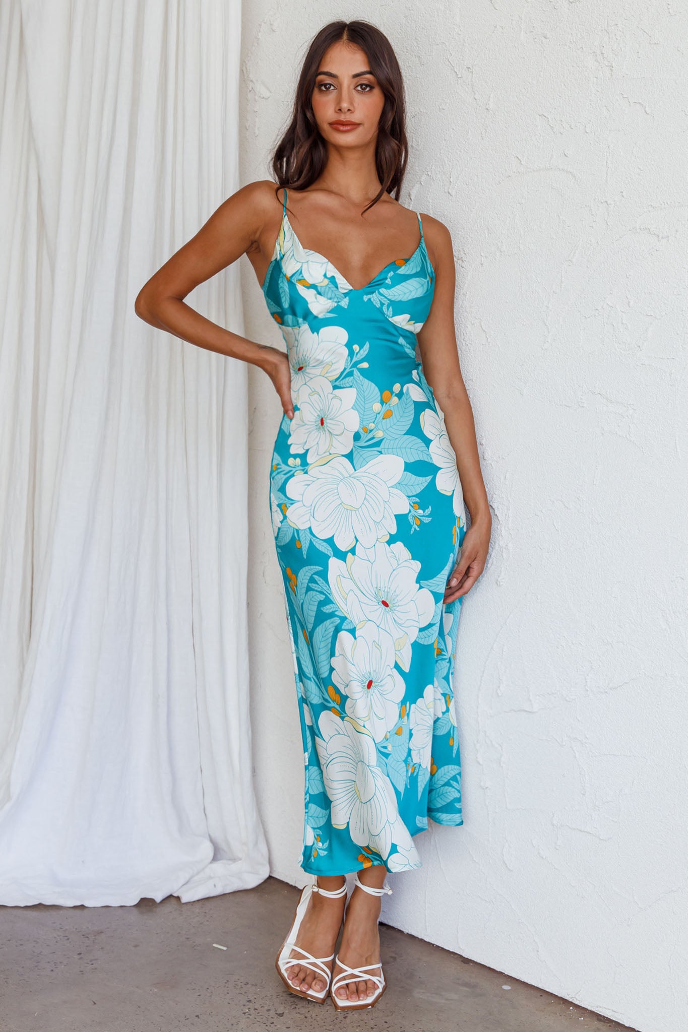 Infinity Pintuck Bust Midi Dress Flower Teal by Selfie Leslie