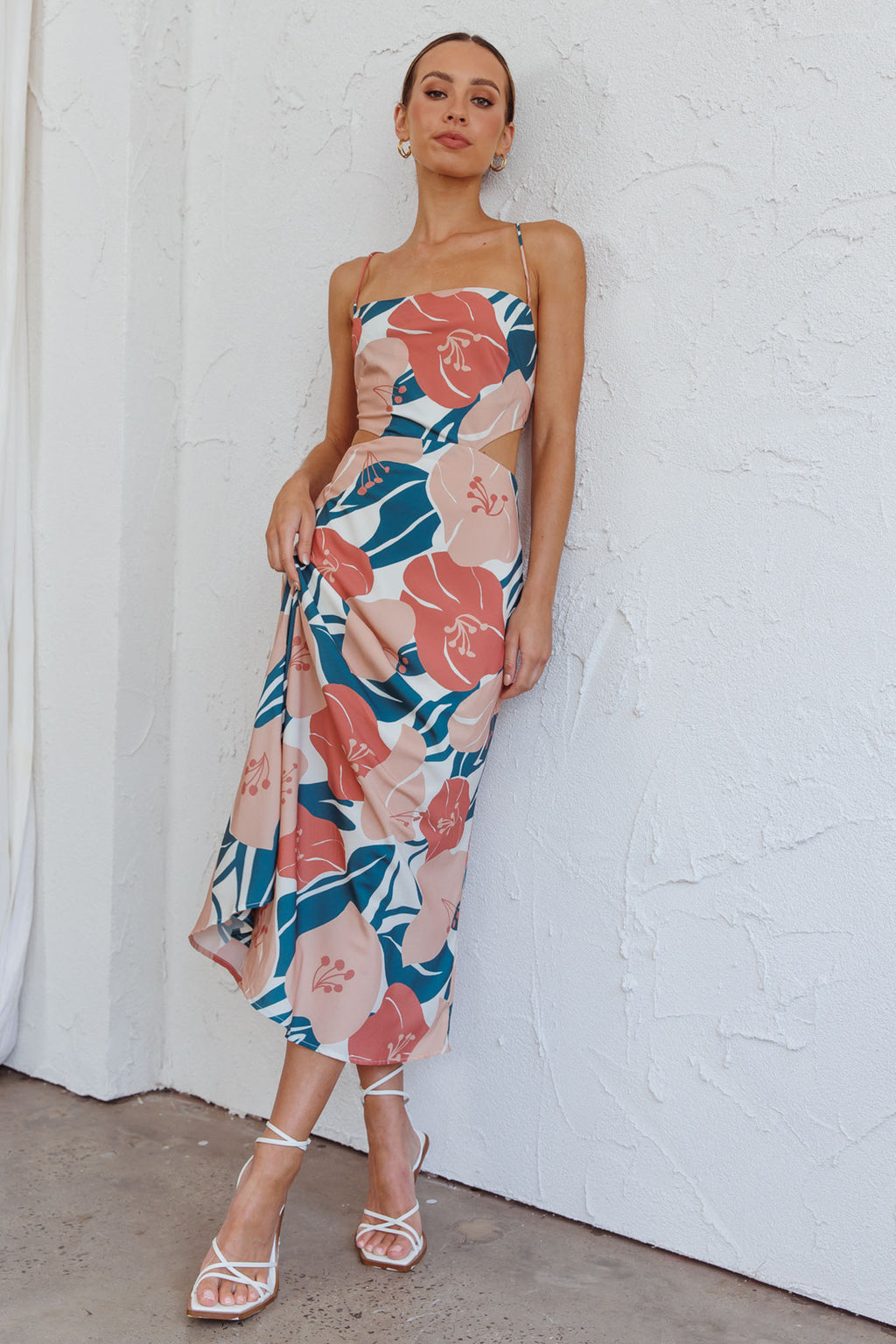 Sunday Bliss Tie-Up Back Cowl Neck Midi Dress Flower Red by Selfie Leslie