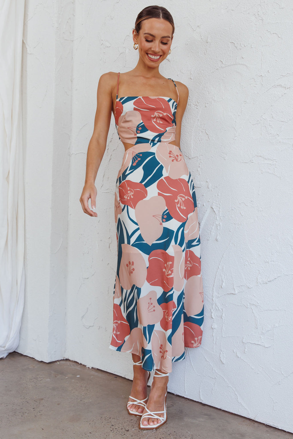 Sunday Bliss Tie-Up Back Cowl Neck Midi Dress Flower Red by Selfie Leslie