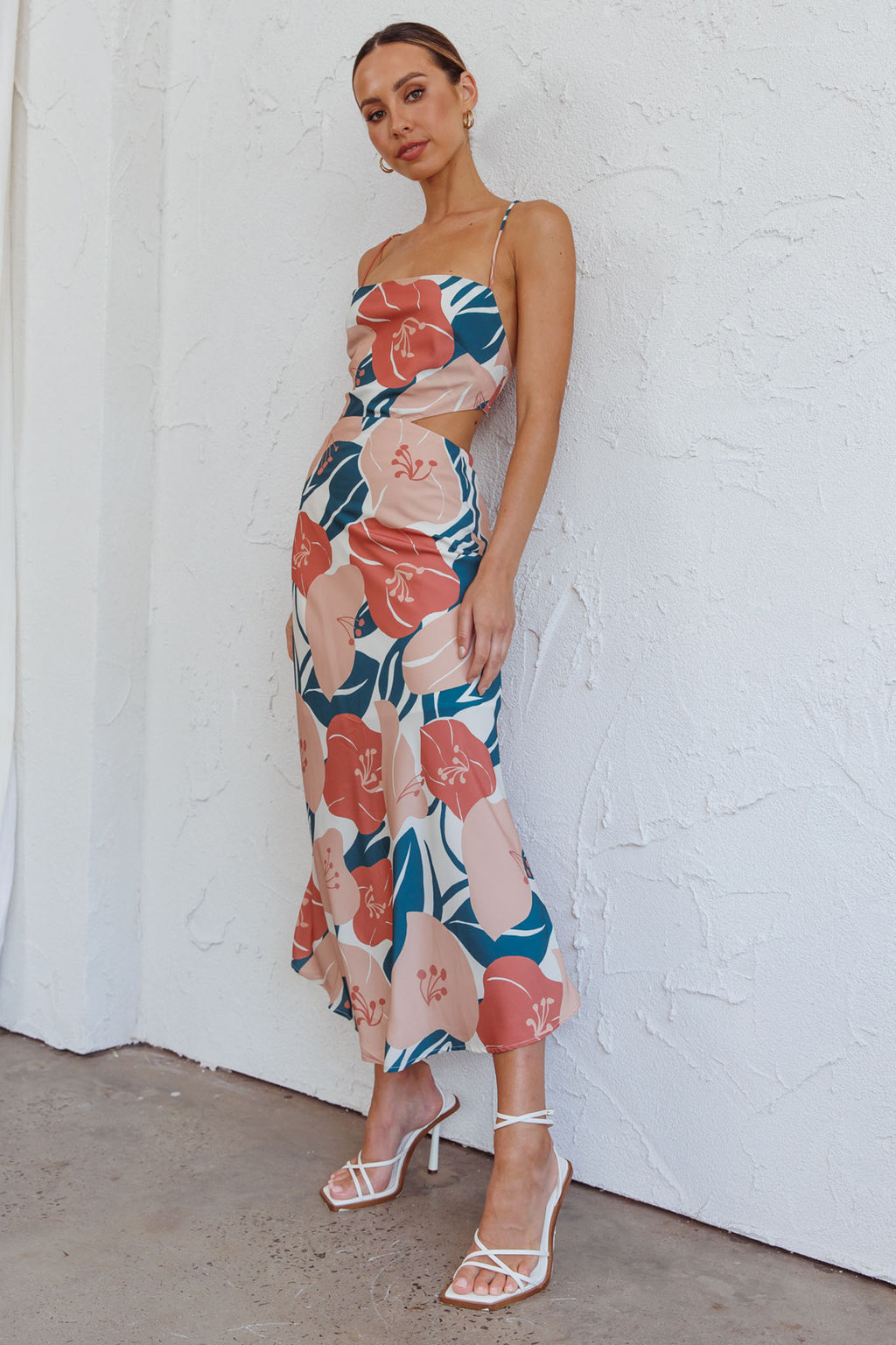 Sunday Bliss Tie-Up Back Cowl Neck Midi Dress Flower Red by Selfie Leslie