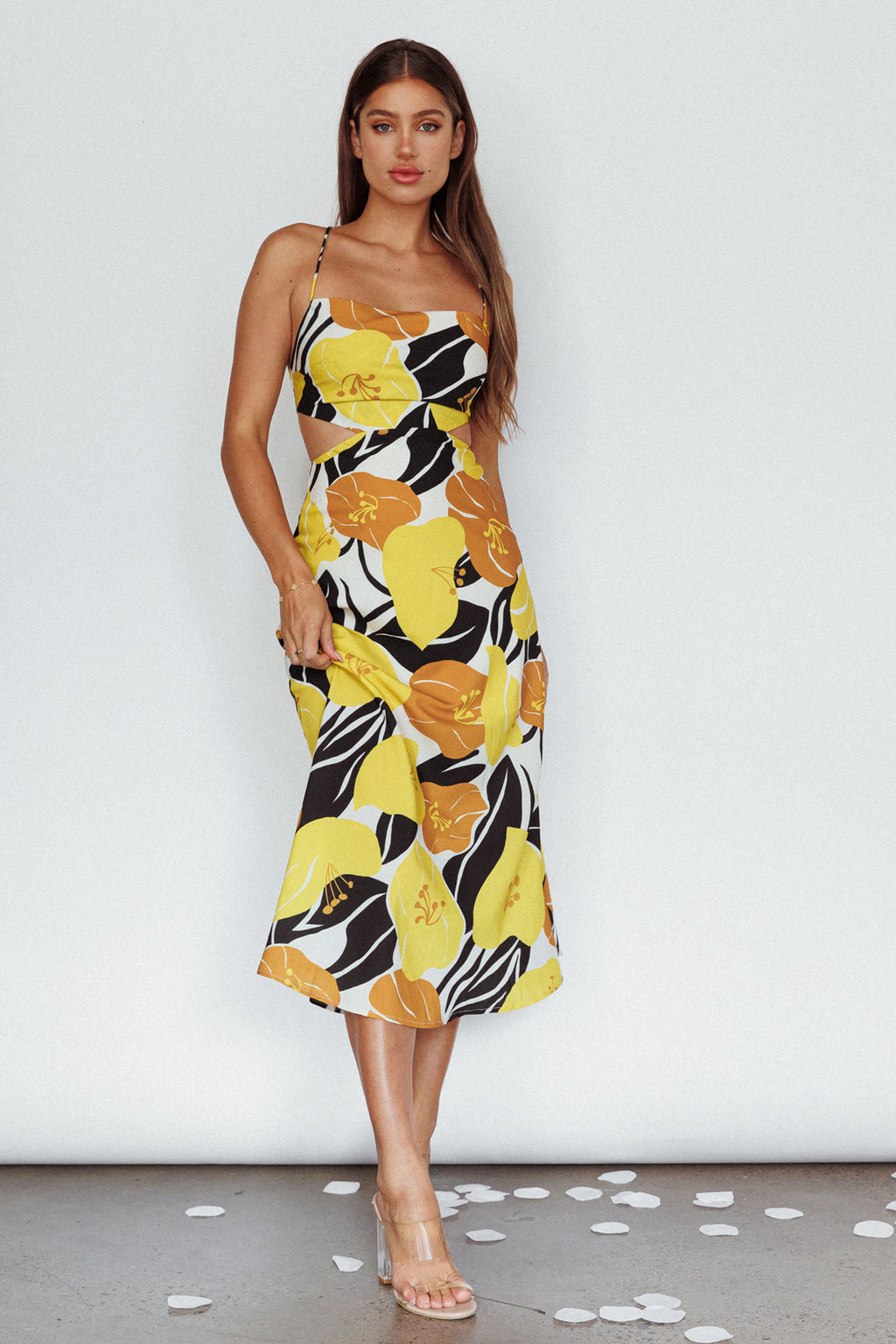 Sunday Bliss Tie-Up Back Cowl Neck Midi Dress Flower Yellow by Selfie Leslie