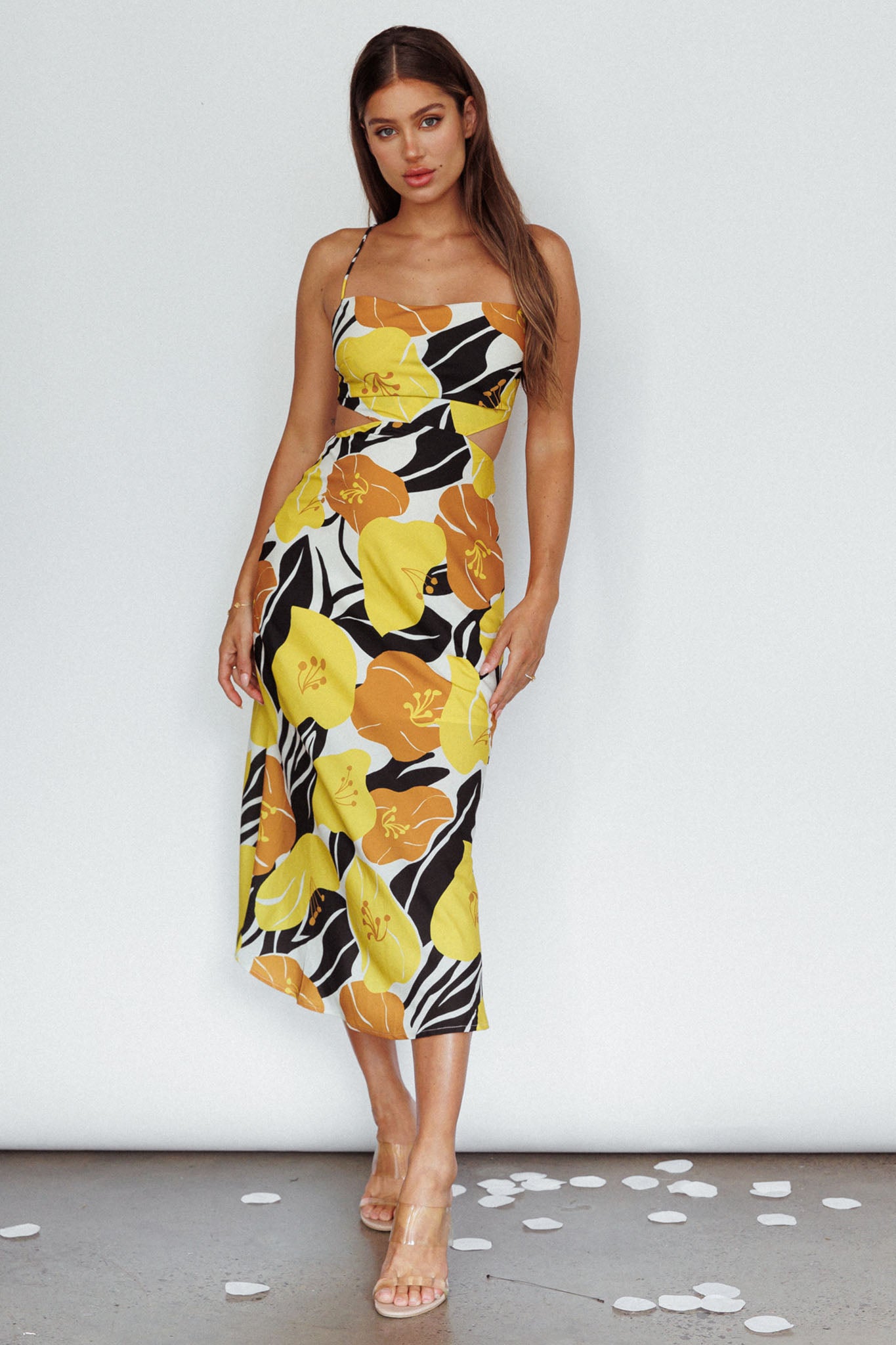 Sunday Bliss Tie-Up Back Cowl Neck Midi Dress Flower Yellow by Selfie Leslie