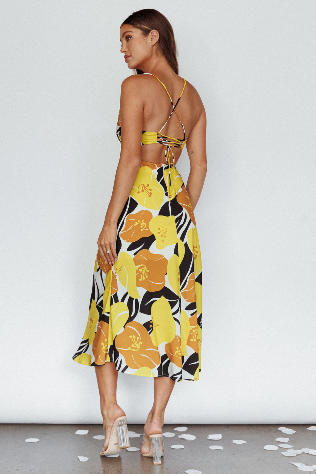 Sunday Bliss Tie-Up Back Cowl Neck Midi Dress Flower Yellow by Selfie Leslie