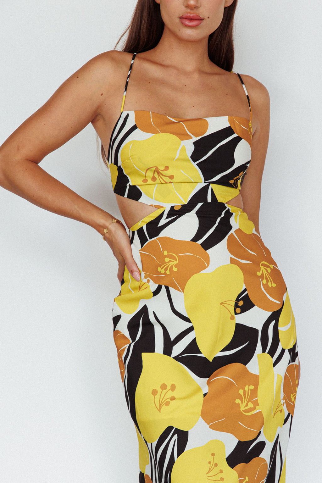 Sunday Bliss Tie-Up Back Cowl Neck Midi Dress Flower Yellow by Selfie Leslie
