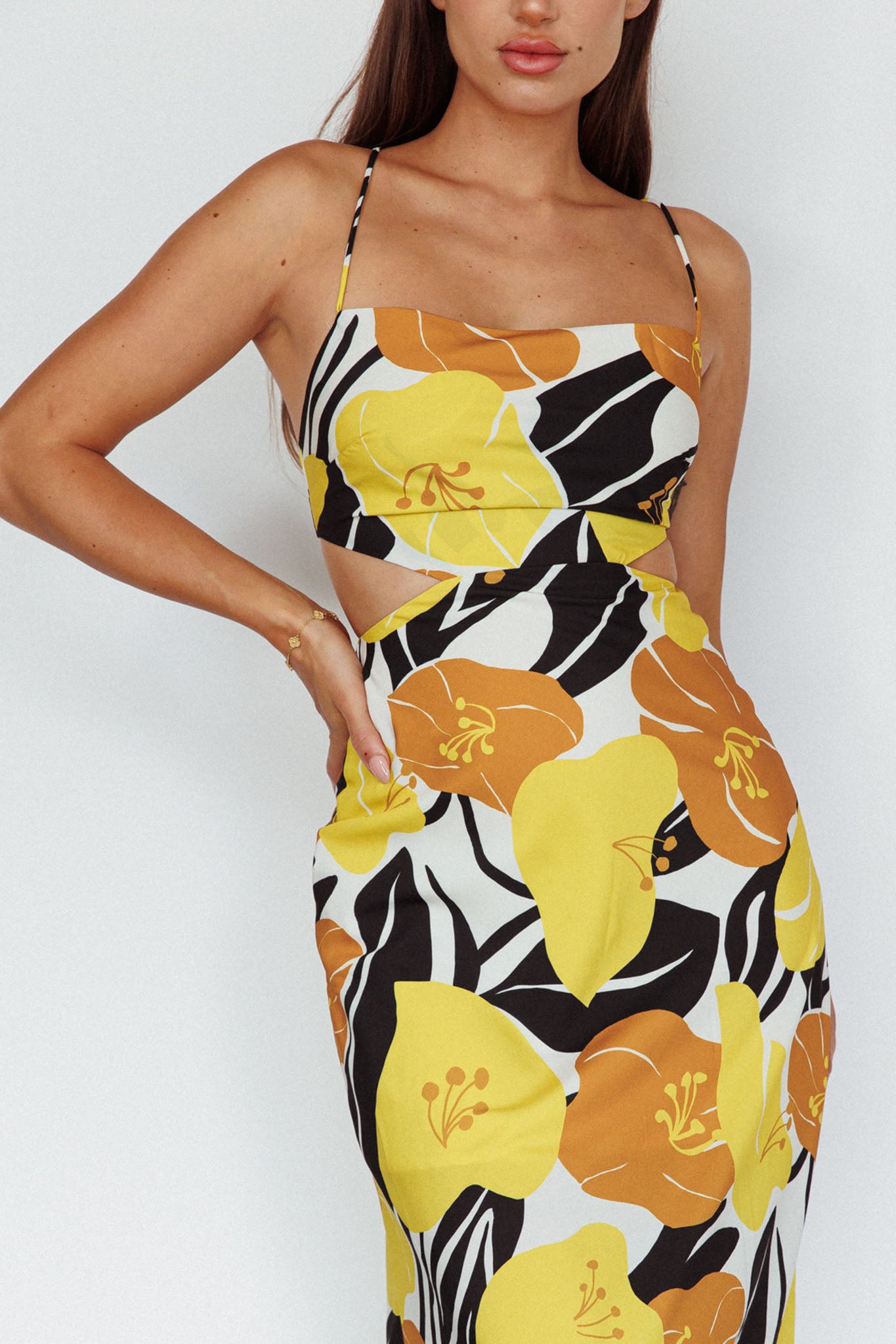 Shop the Sunday Bliss TieUp Back Cowl Neck Midi Dress Flower Yellow Selfie Leslie