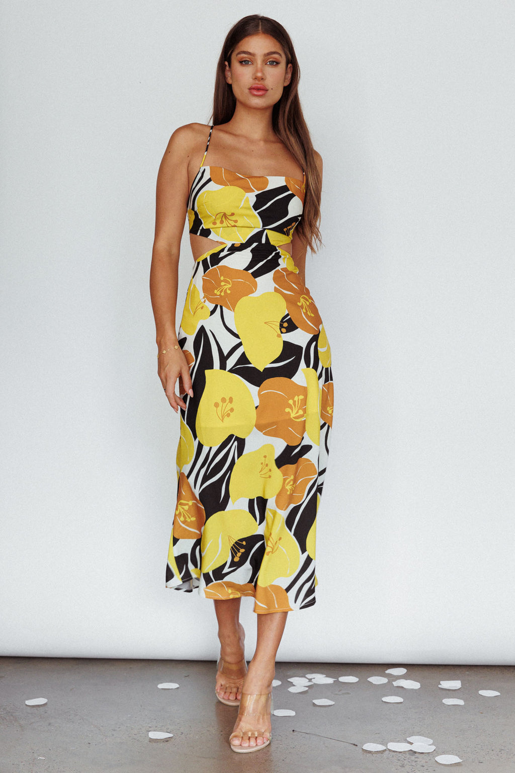 Sunday Bliss Tie-Up Back Cowl Neck Midi Dress Flower Yellow by Selfie Leslie