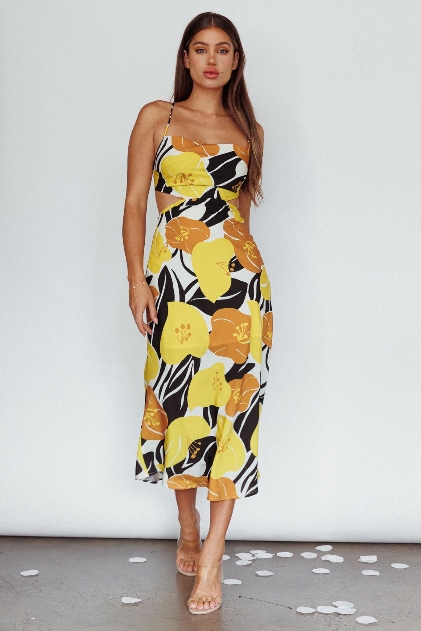 Sunday Bliss Tie-Up Back Cowl Neck Midi Dress Flower Yellow by Selfie Leslie