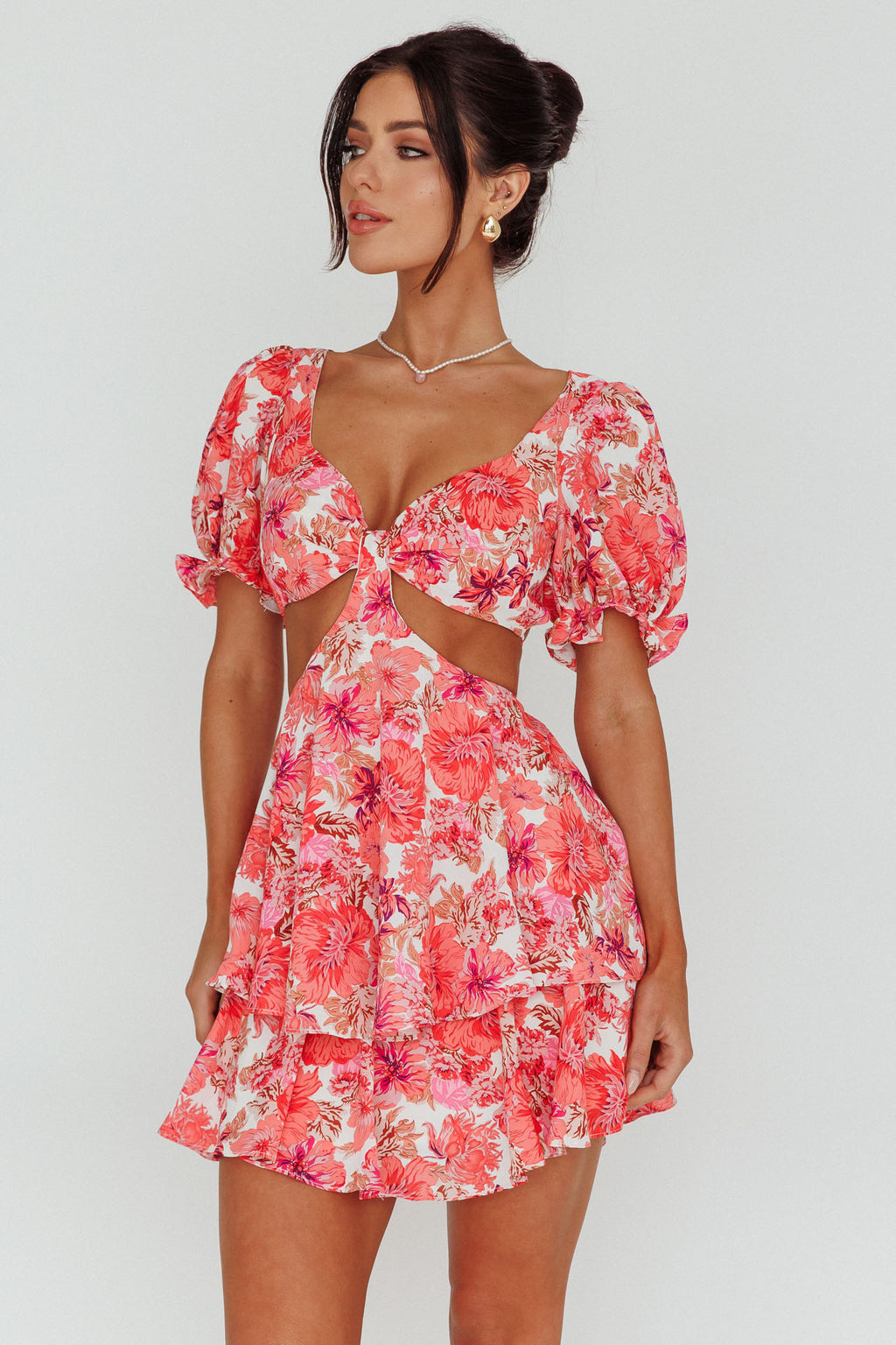 Orianthi Cut-Out Waist Mini Dress Floral Pink by Selfie Leslie