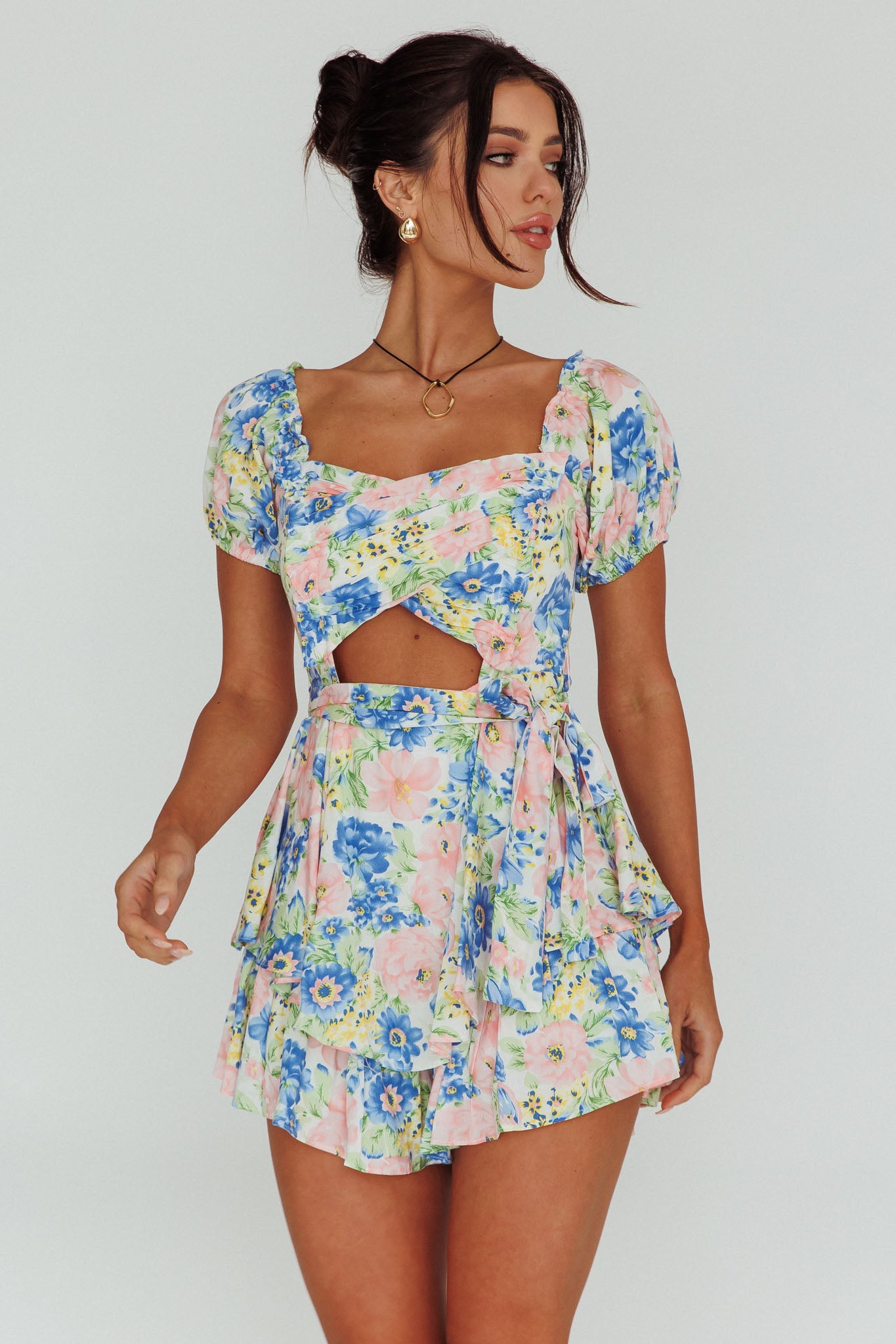 Whimsical Cut-out Bodice Romper Floral Blue by Selfie Leslie