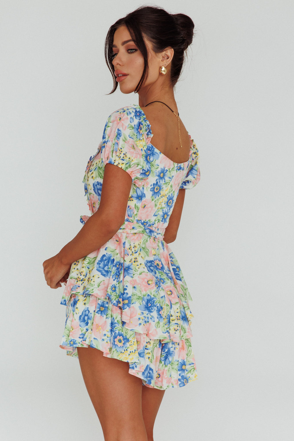 Whimsical Cut-out Bodice Romper Floral Blue by Selfie Leslie