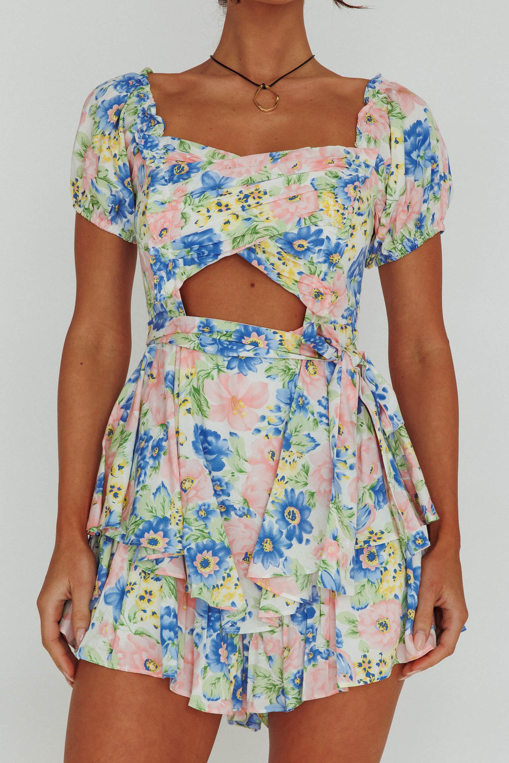 Whimsical Cut-out Bodice Romper Floral Blue by Selfie Leslie