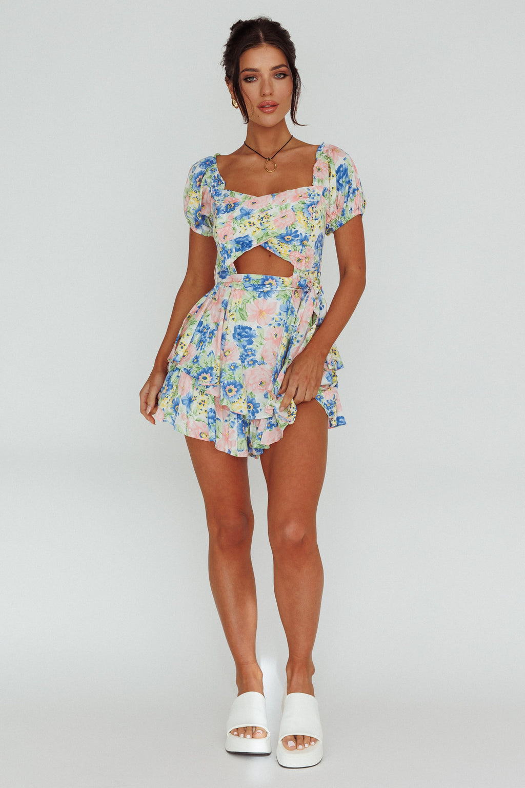 Whimsical Cut-out Bodice Romper Floral Blue by Selfie Leslie