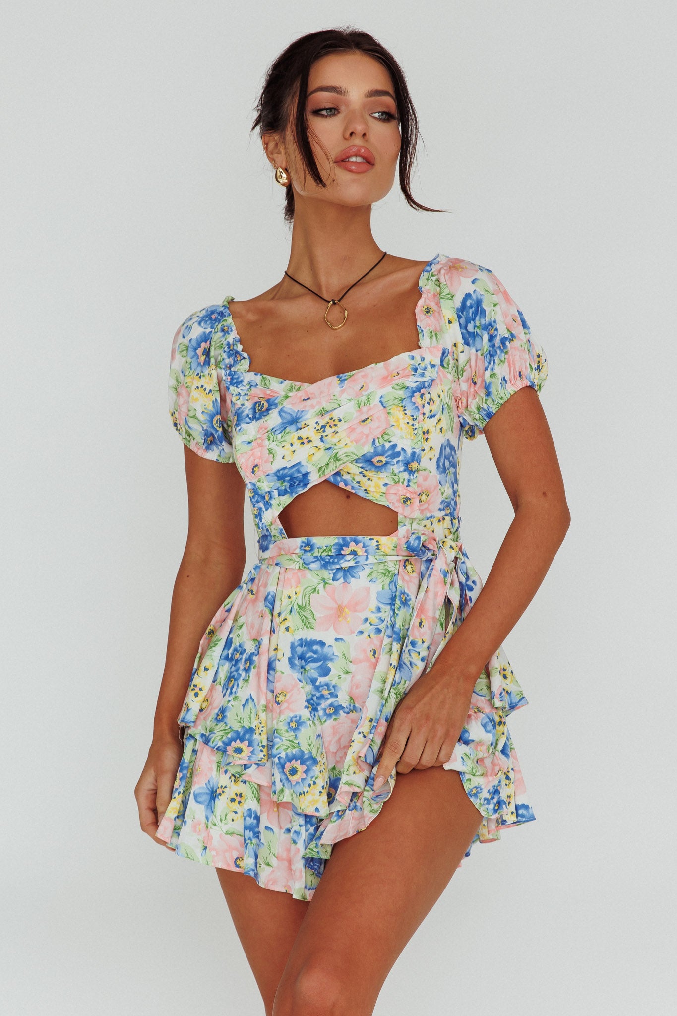 Whimsical Cut-out Bodice Romper Floral Blue by Selfie Leslie