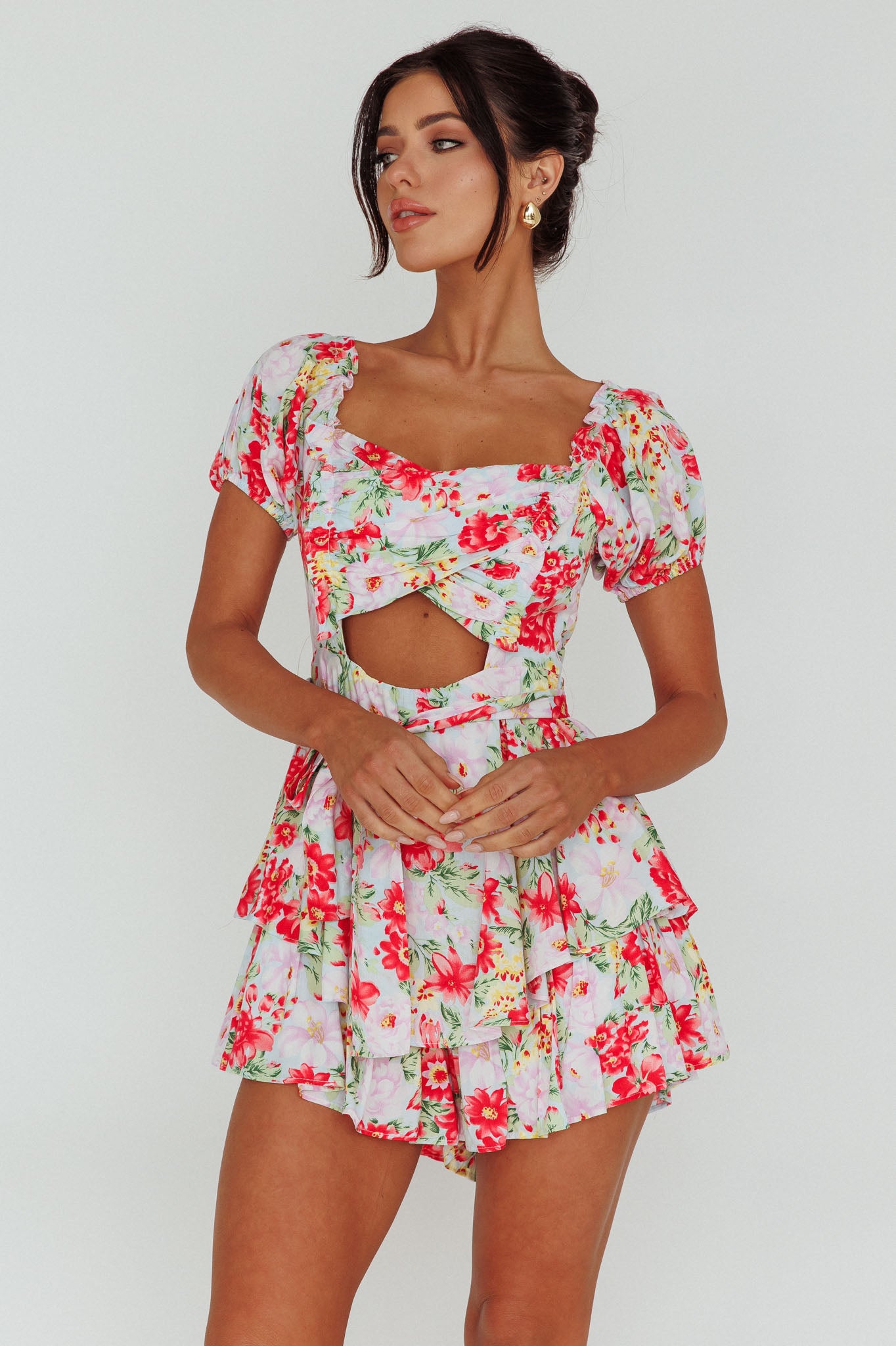 Whimsical Cut-out Bodice Romper Floral Pink by Selfie Leslie
