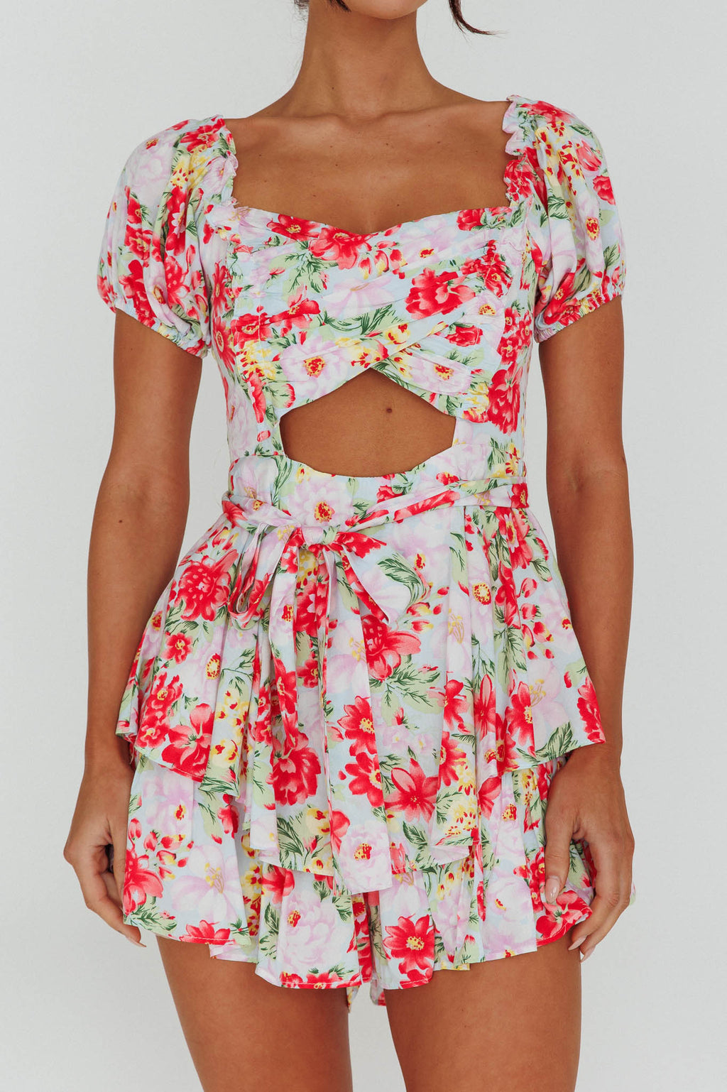 Whimsical Cut-out Bodice Romper Floral Pink by Selfie Leslie