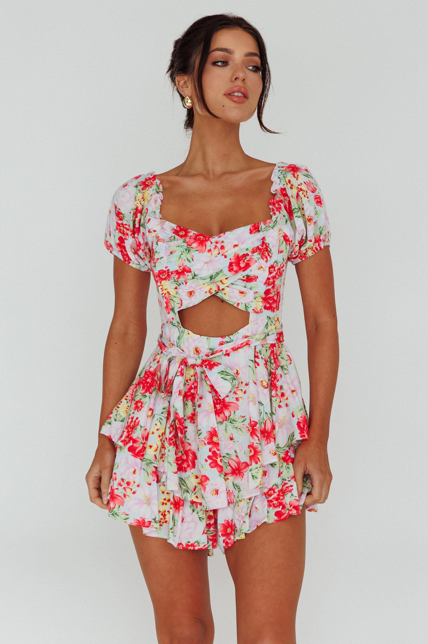 Whimsical Cut-out Bodice Romper Floral Pink by Selfie Leslie