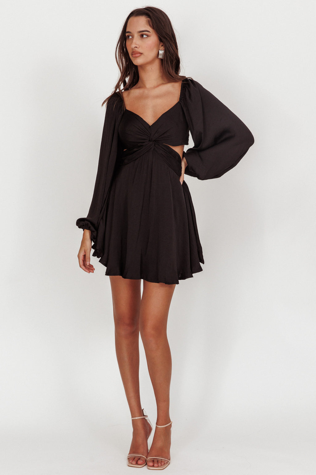 Miraya Balloon Sleeve Twist Mini Dress Black by Selfie Leslie