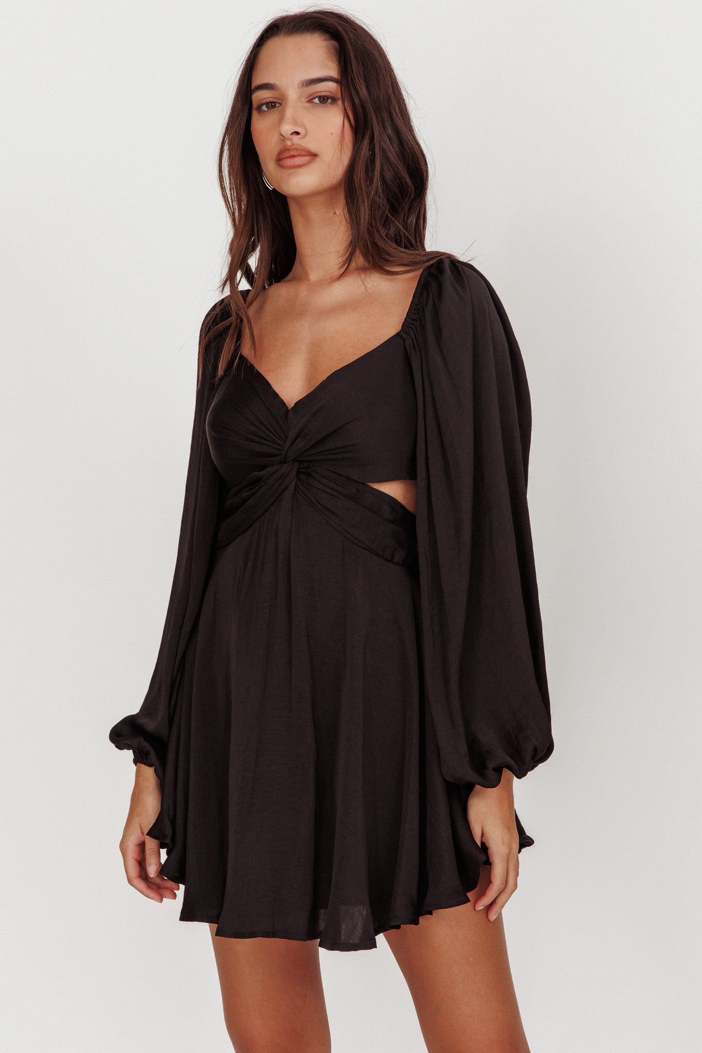 Miraya Balloon Sleeve Twist Mini Dress Black | Selfie Leslie