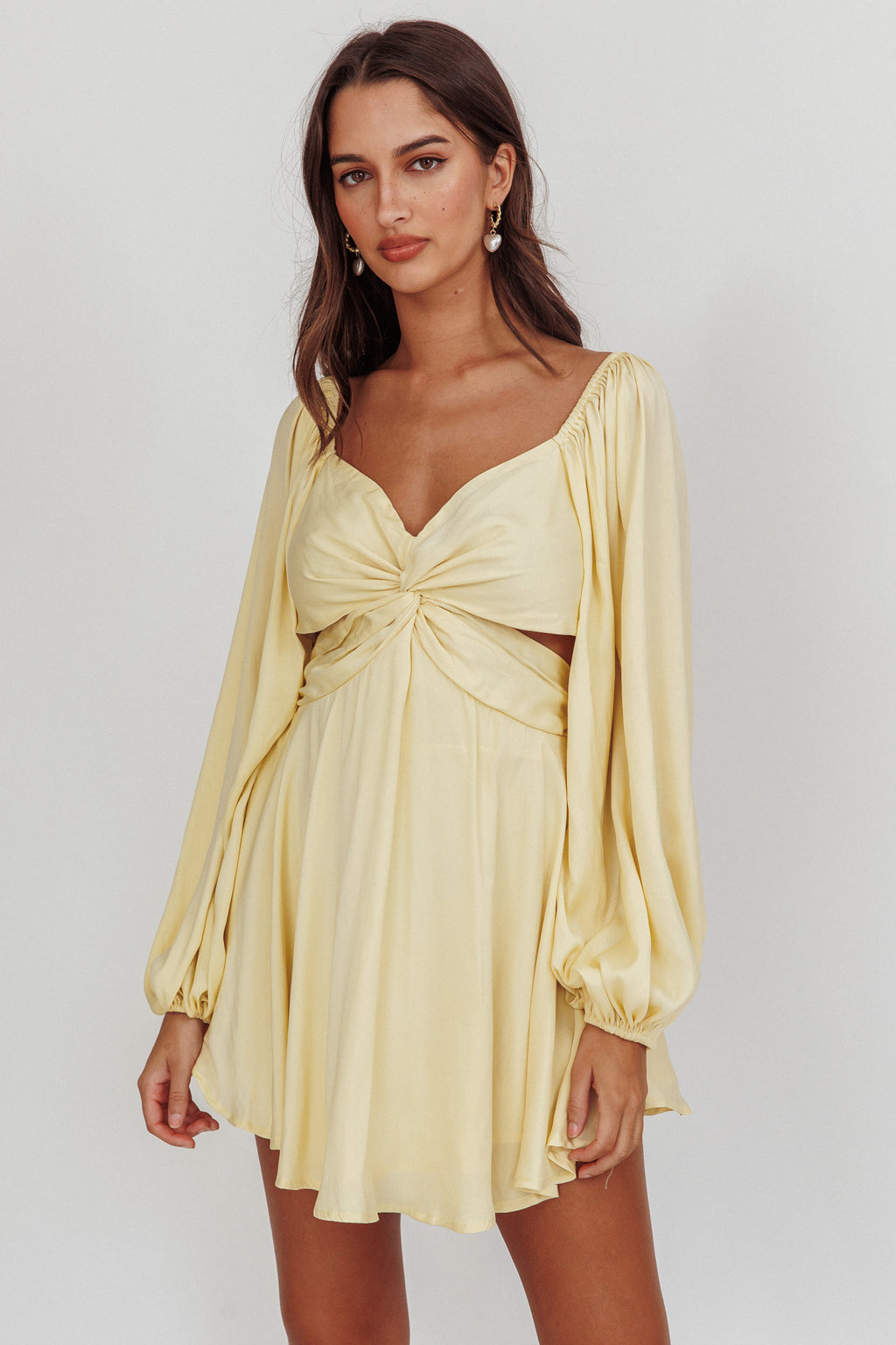 Miraya Balloon Sleeve Twist Mini Dress Butter by Selfie Leslie