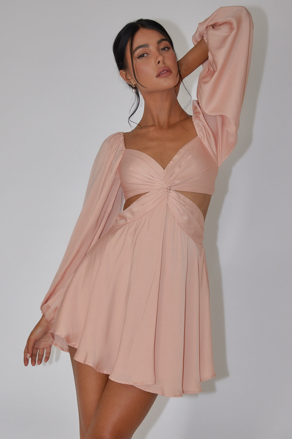 Miraya Balloon Sleeve Twist Mini Dress Peach by Selfie Leslie