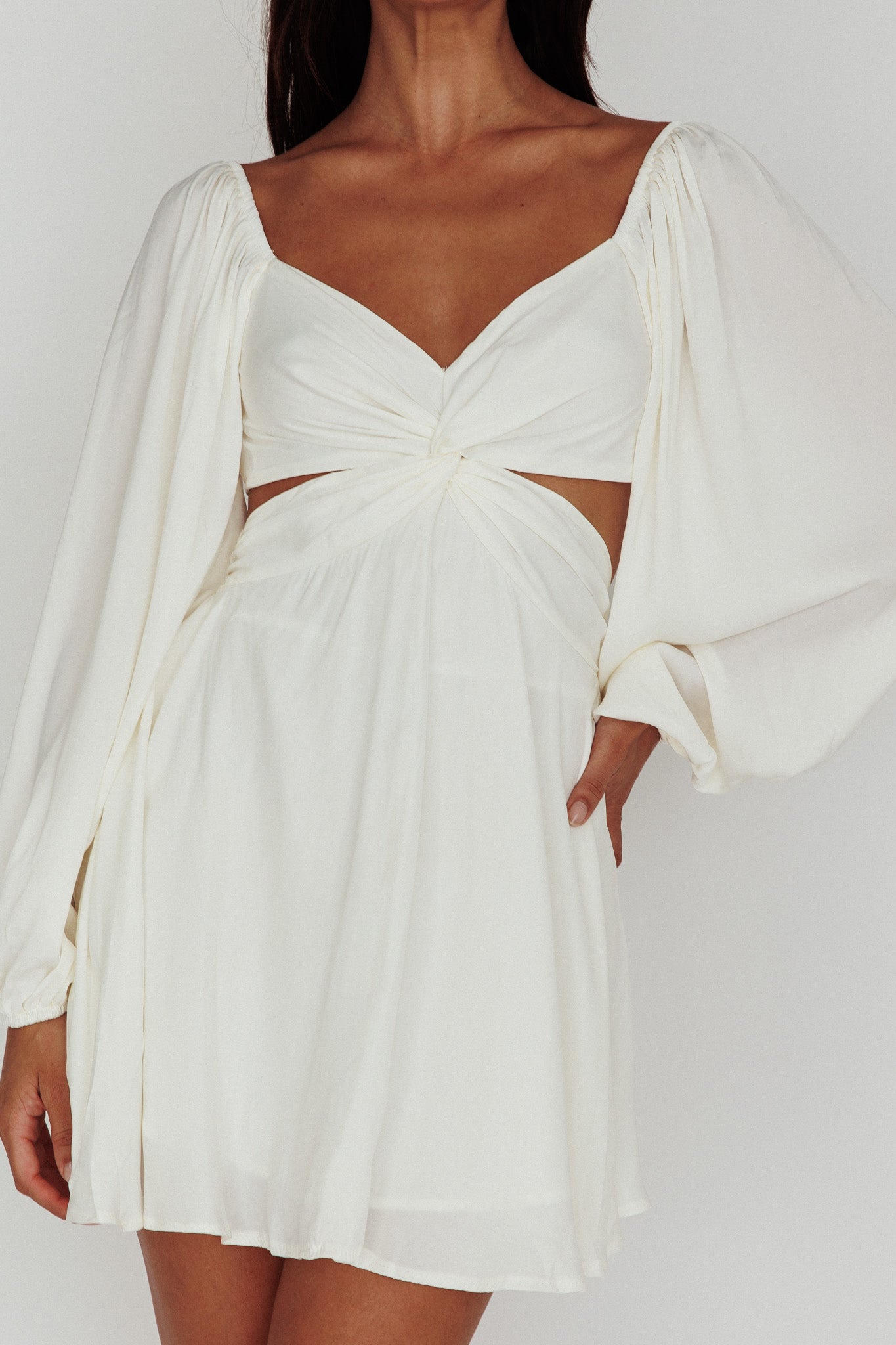Miraya Balloon Sleeve Twist Mini Dress White by Selfie Leslie