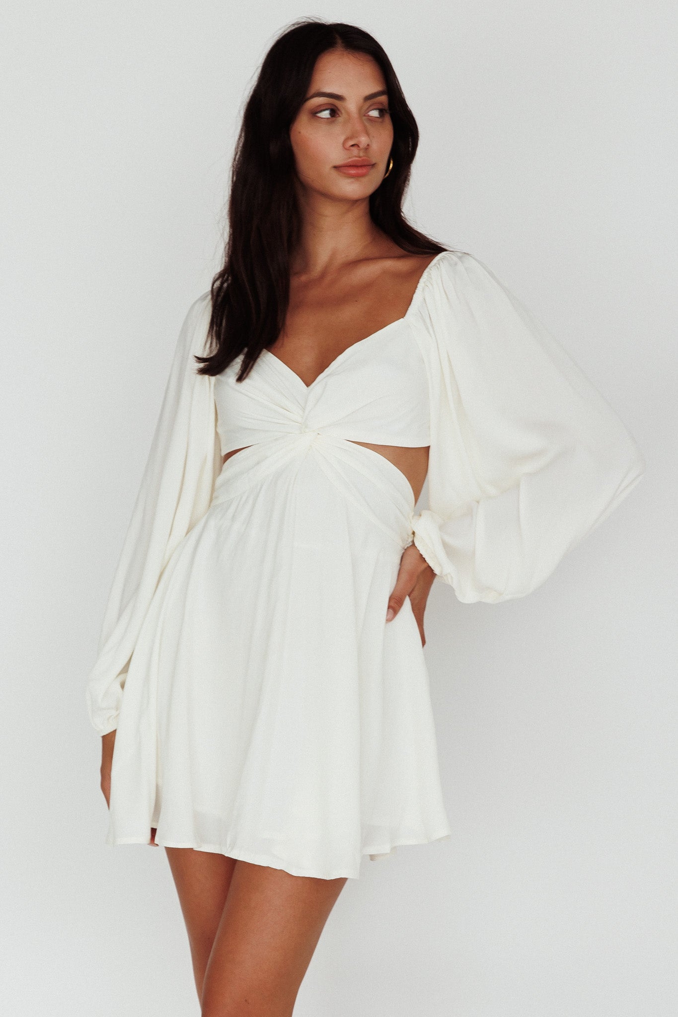 Miraya Balloon Sleeve Twist Mini Dress White by Selfie Leslie