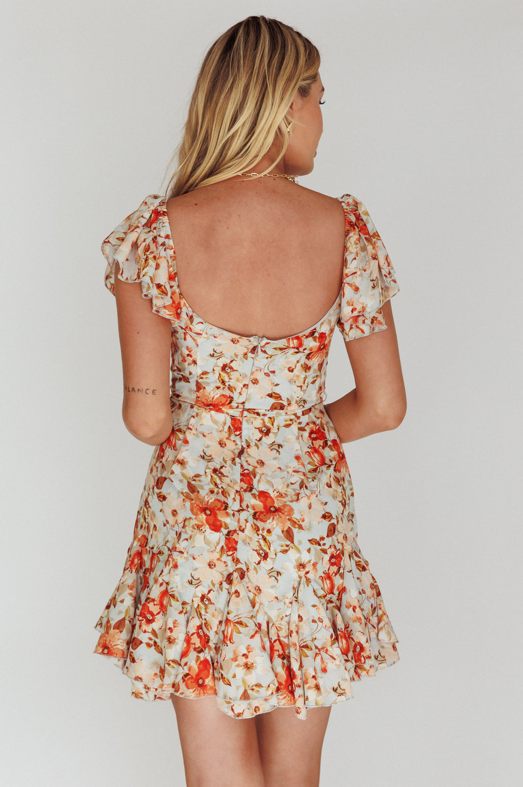 Diandre Godet Hem Mini Dress Floral Orange by Selfie Leslie