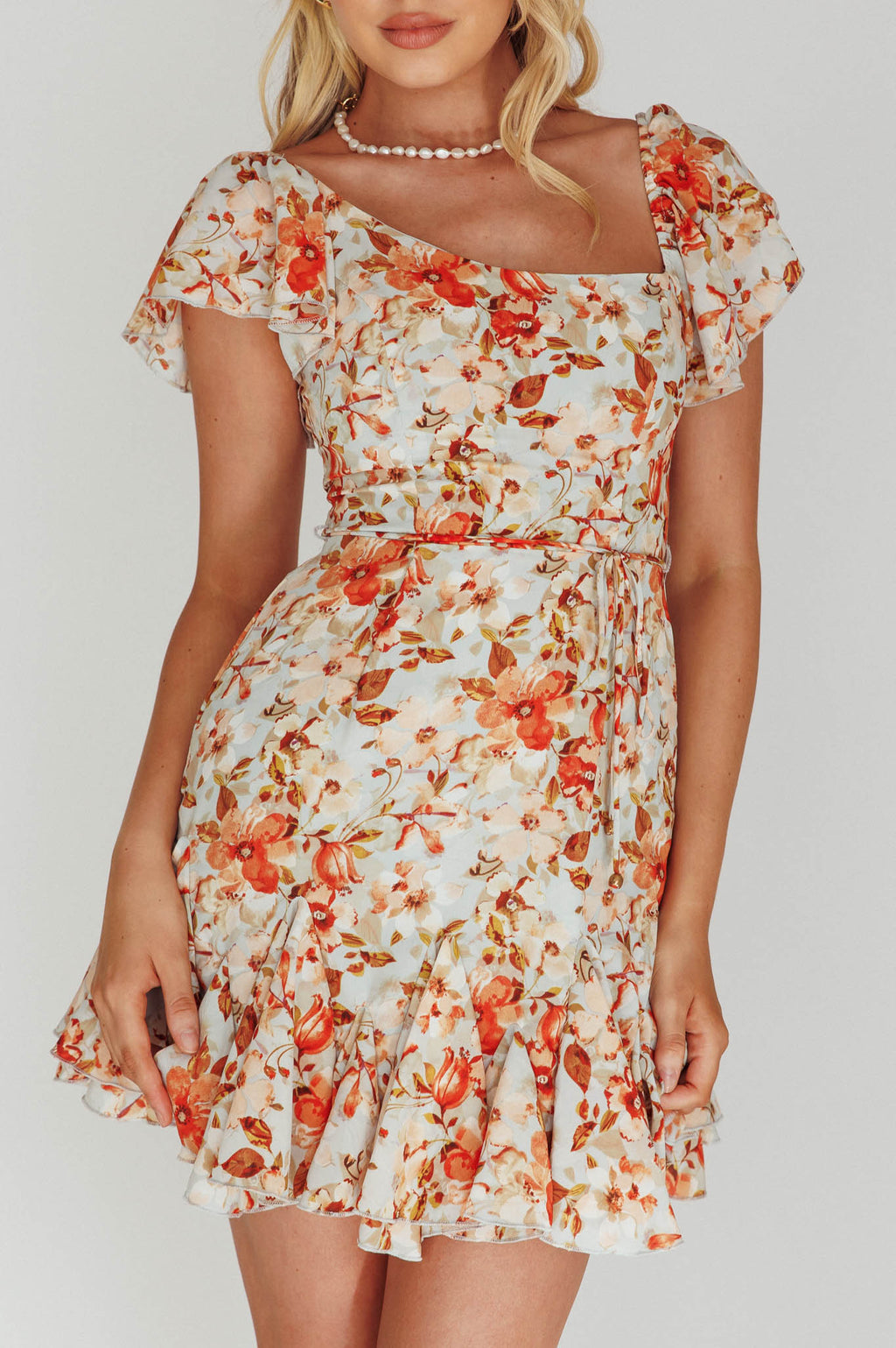 Diandre Godet Hem Mini Dress Floral Orange by Selfie Leslie