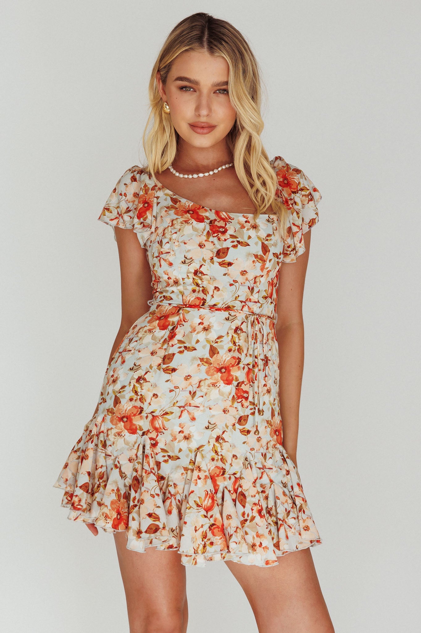 Diandre Godet Hem Mini Dress Floral Orange by Selfie Leslie