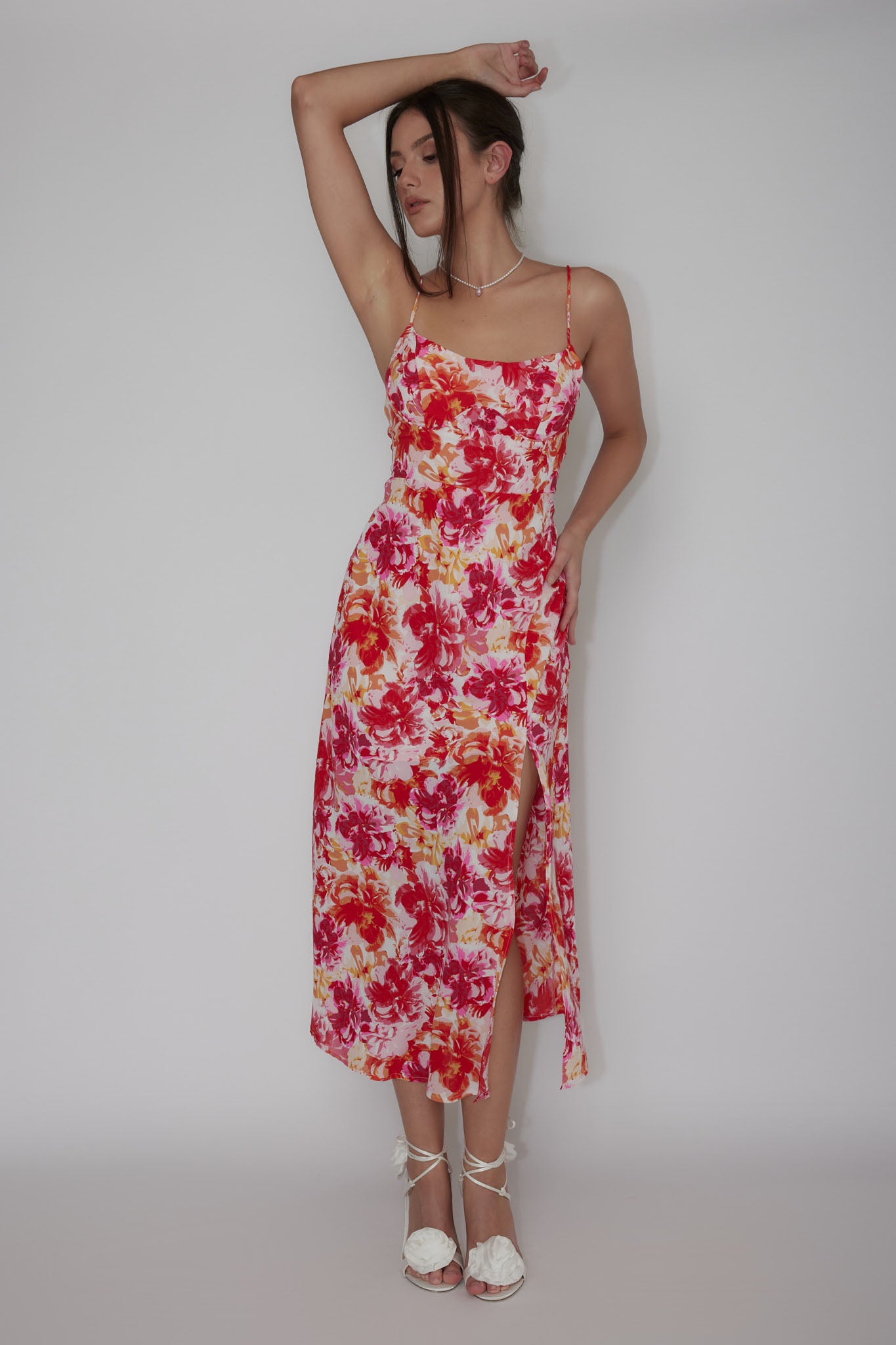 Galilea Tied Back Midi Dress Floral Red by Selfie Leslie