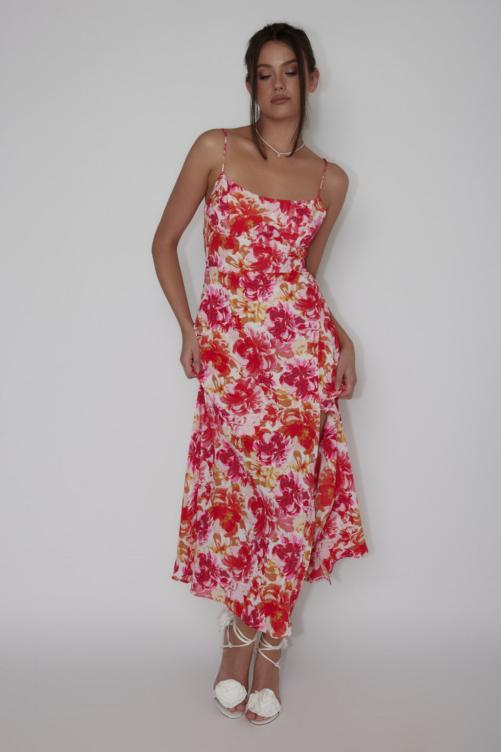 Galilea Tied Back Midi Dress Floral Red by Selfie Leslie